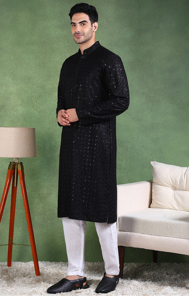 Elegant Black Chikankari Kurta for Men | Traditional Indian Embroidered Tunic | Perfect for Festivals, Weddings & Casual Wear