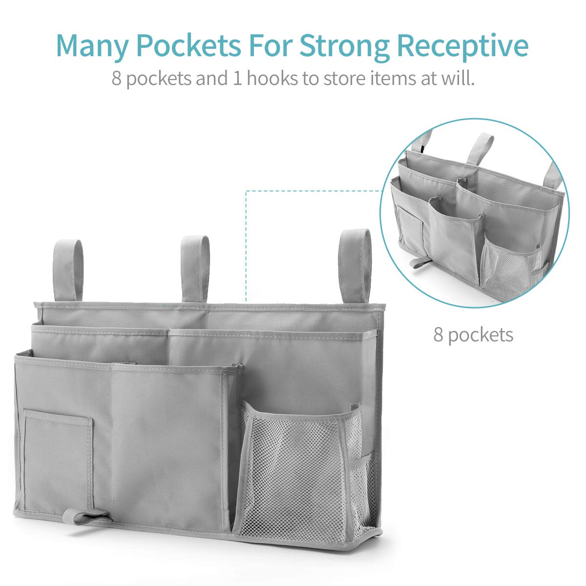 Space-Saving Bunk Bed Organizer with 8 Pockets - Hanging Storage Caddy for Magazines, Books & Essentials - Durable 600D Oxford Cloth (Gray) - Perfect for College Dorms, Hospital Beds & Baby Bed Rails - Keep Your Bedside Neat & Organized