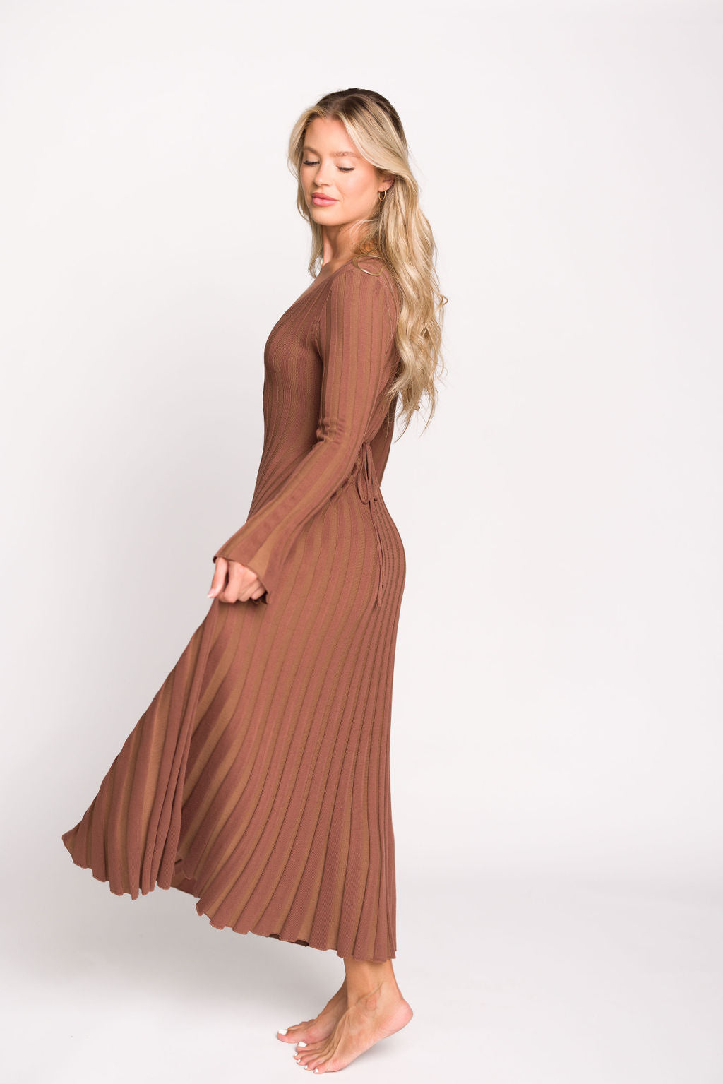 Hadley Long Sleeve V Neck Knit Maxi Dress in Cocoa - Women's Elegant Casual Maxi Dress for Fall & Winter | Perfect for Office, Date Night & Holiday Parties