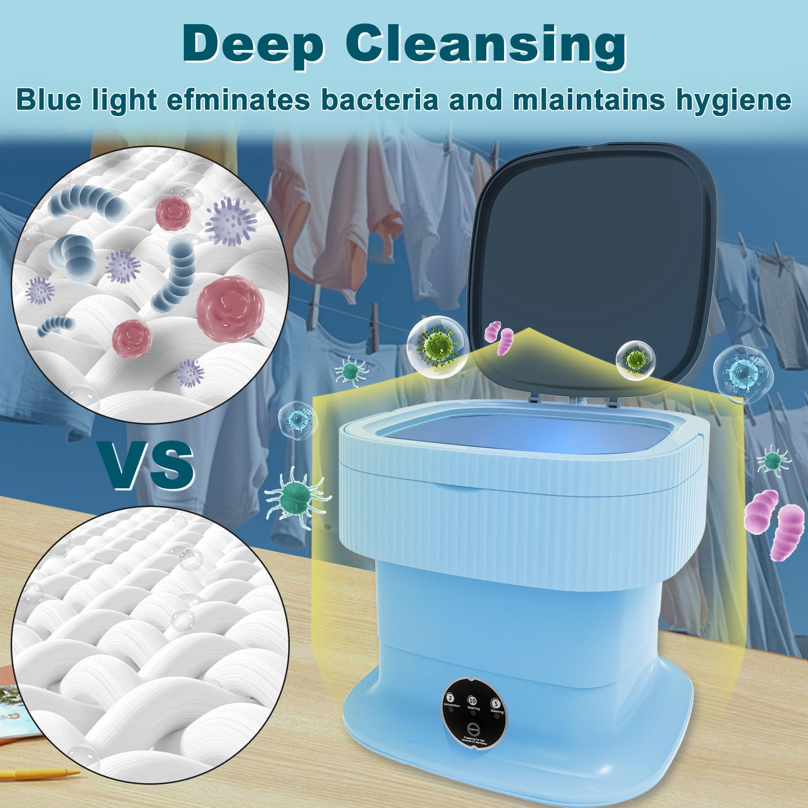 15L Mini Portable Washing Machine with Spin Dryer - Foldable & Collapsible Laundry Washer for Baby Clothes, Underwear, Socks - Perfect for Travel, Camping, Apartments, Dorms & RVs - Compact & Lightweight Blue Design (Great for Small Spaces & On-the-Go Laundry)