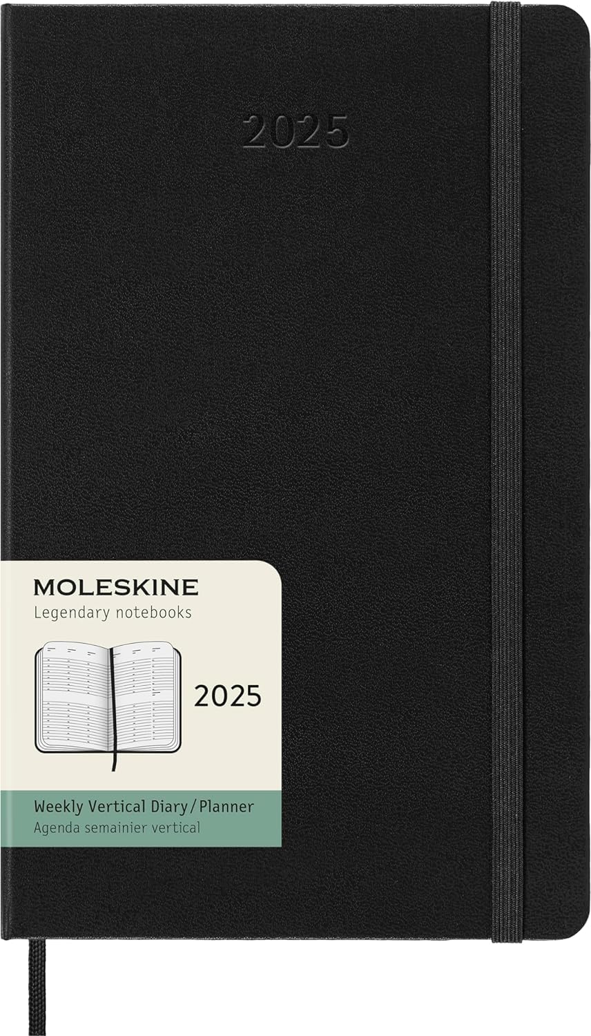 Moleskine 2025 Weekly Planner - Hard Cover, Elastic Closure, Black, Large 13x21 cm - Vertical Layout for 12 Months - Perfect for Work, School & Personal Organization