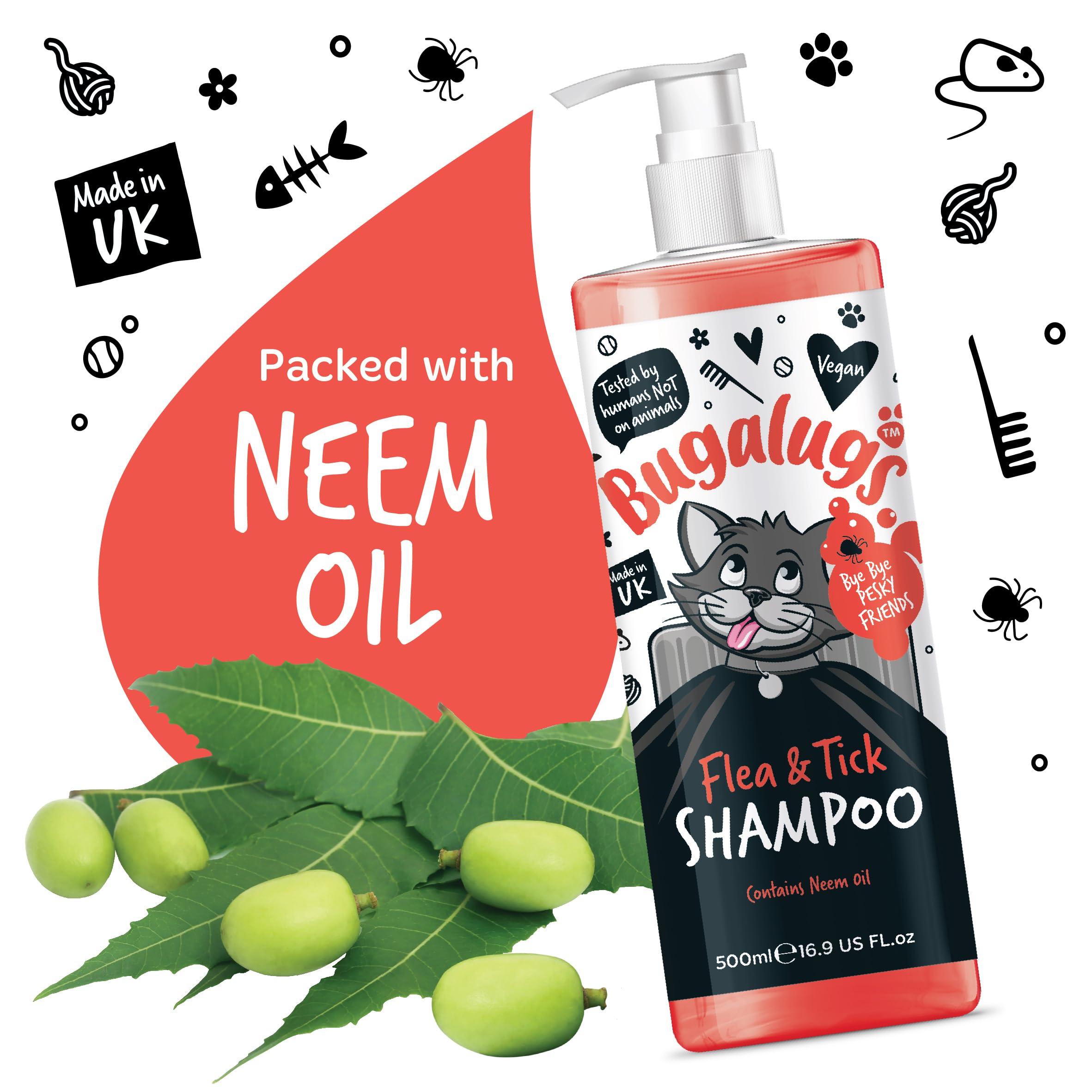 Bugalugs Flea & Tick Shampoo for Cats - 500ml Natural Neem Oil Formula | Deep Cleansing Cat Shampoo Kills Fleas, Ticks & Mites | pH Balanced Vegan Pet Care | Perfect for Bathing & Grooming Anxious Cats