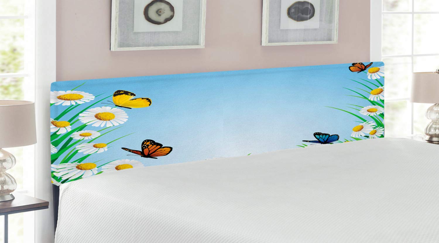 Ambesonne King Size Upholstered Butterfly Headboard with Memory Foam - Floral Daisies & Butterflies Nature Design, Decorative Metal Bed Frame for Master Bedroom, Guest Room & Nursery Decor