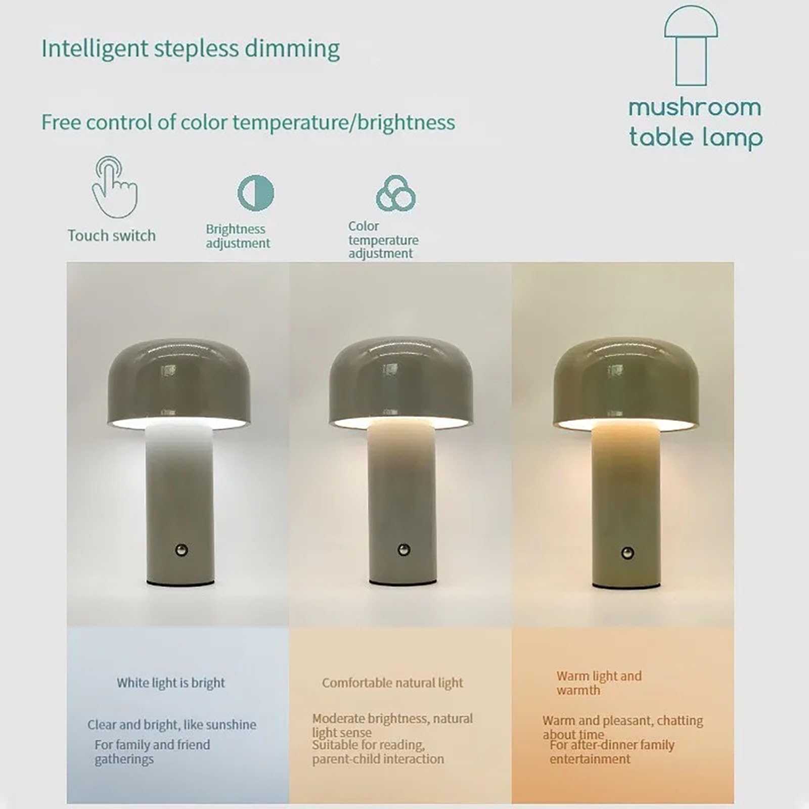 Liuwei Mushroom Touch Dimming Bedside Lamp - USB Rechargeable LED Desk Lamp with 3 Brightness Levels, Cordless Table Light for Bedroom, Living Room, Office & Study | Perfect for Night Reading, Relaxation & Decoration