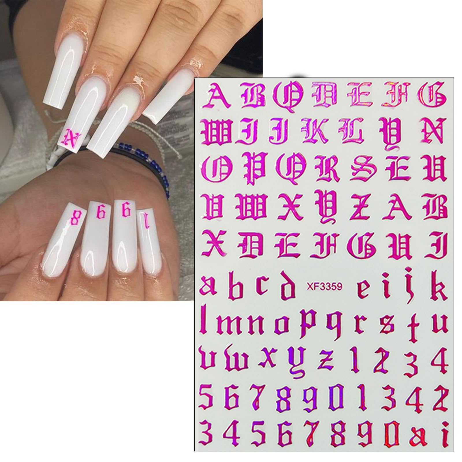 Holographic 3D Self-Adhesive Old English Alphabet Nail Art Decals - 8 Sheets with 8 Colors for Women & Girls DIY Manicure | Perfect for Parties, Weddings, and Special Occasions