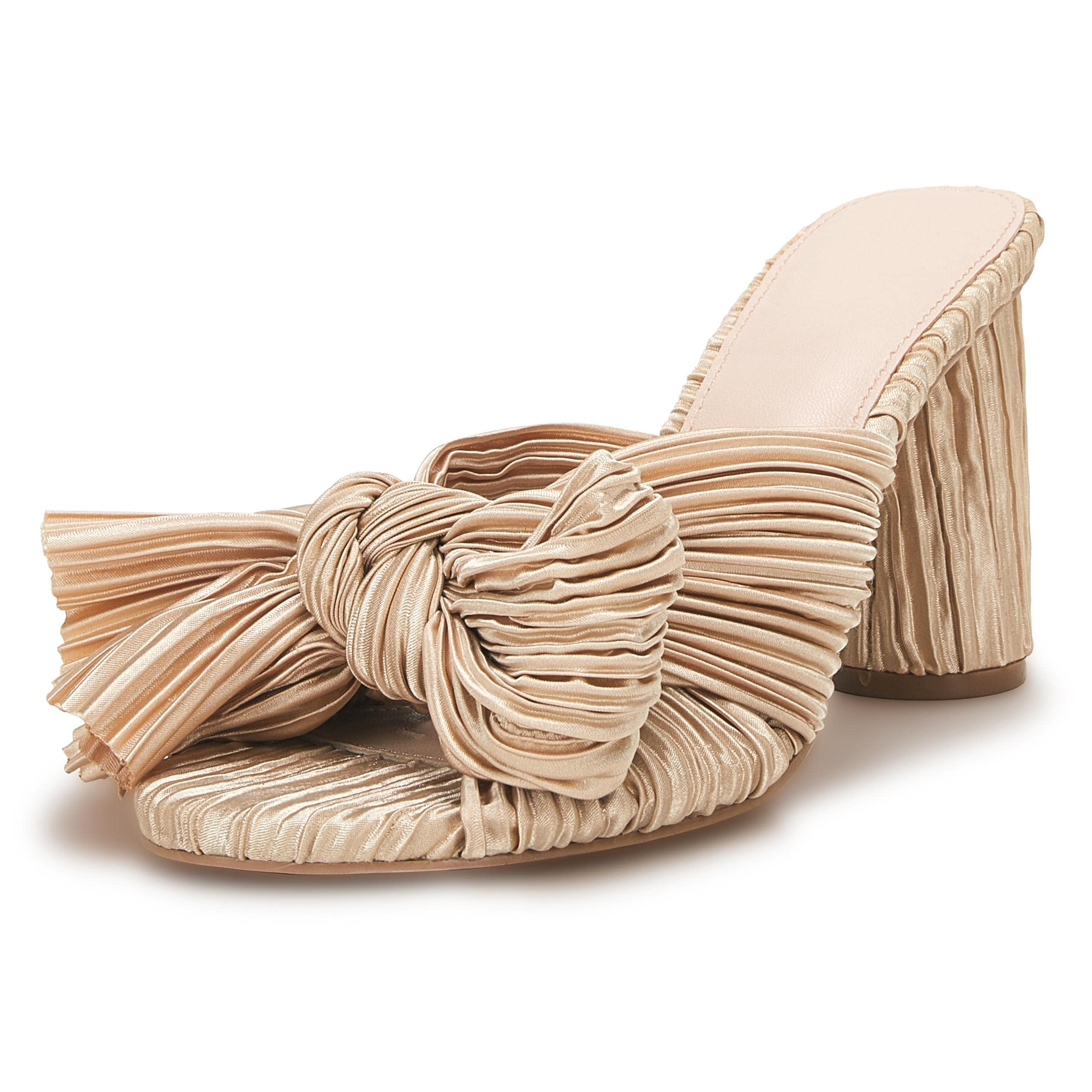 VETASTE Women's Pleated Bow Knot Heeled Sandals - Comfortable Slip On Open Toe Block Chunky Heel Slides for Wedding, Bridal, Party, and Summer Outfits