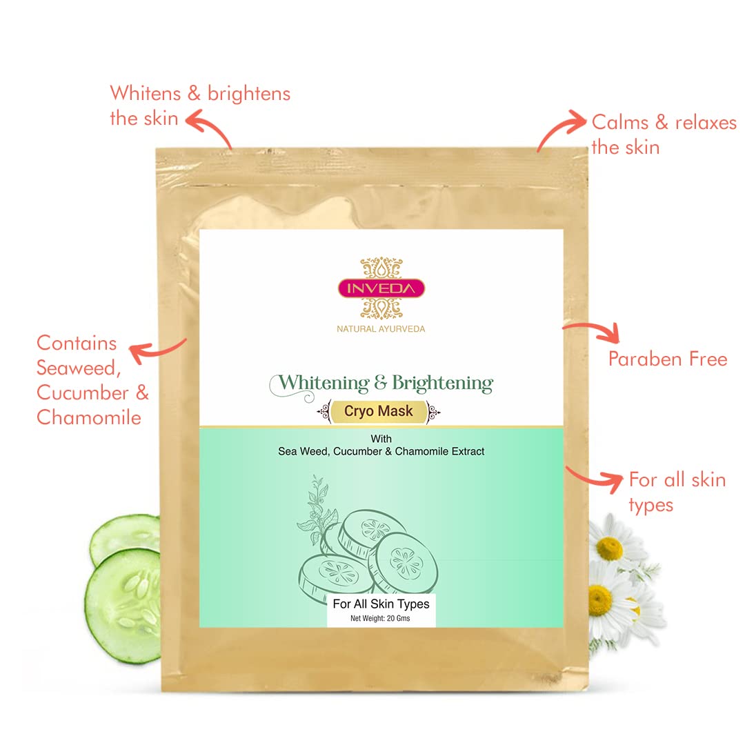 Inveda Whitening & Brightening Cryo Facial Mask - Anti-Aging with Seaweed, Cucumber & Chamomile Extract - Reduces Fine Lines for Clear Radiant Skin (20g) | Perfect for Spa Nights & Post-Sun Skincare Recovery