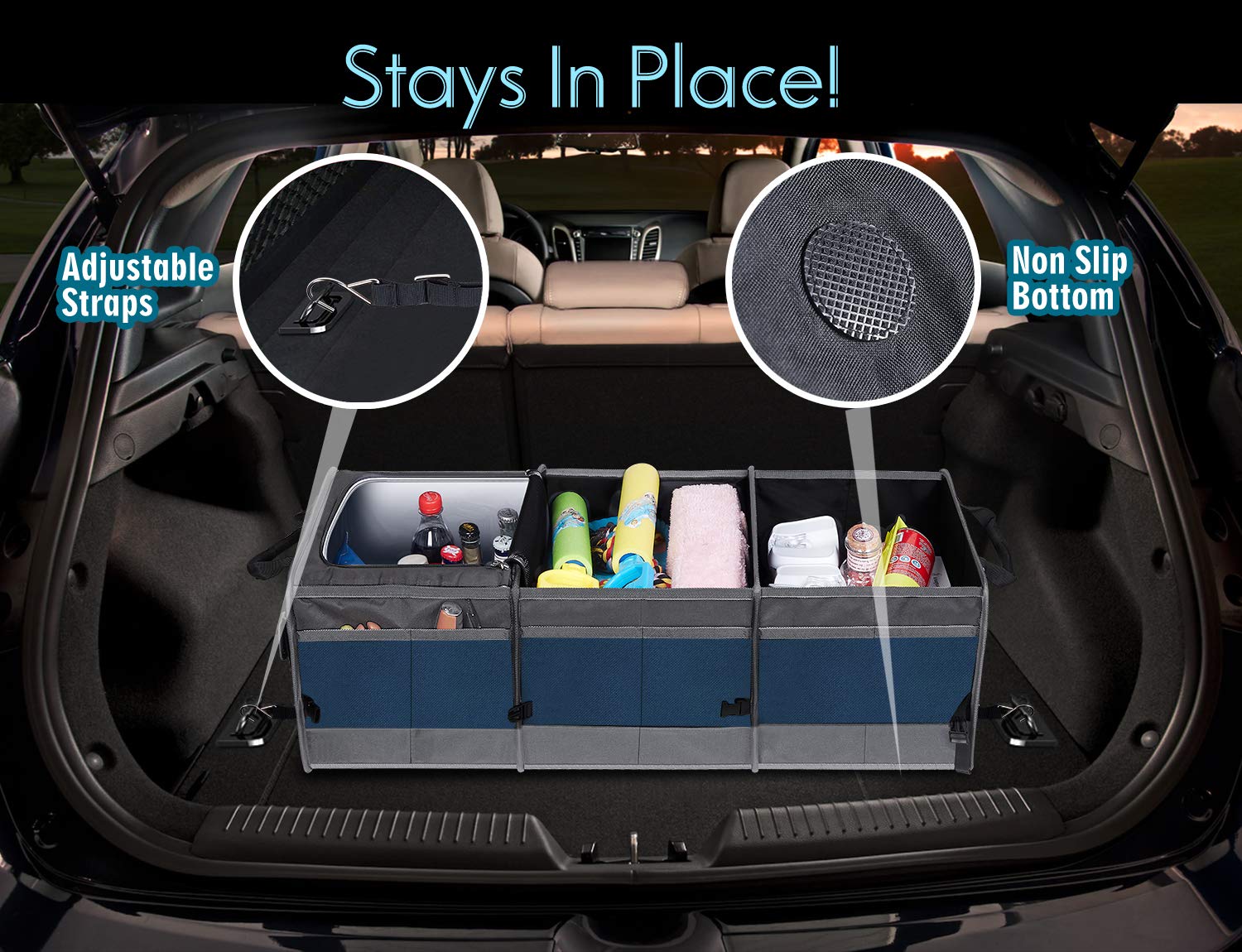 Collapsible Trunk Organizer with Cooler - Large Waterproof Car Storage Container with Non-Slip Bottom & Multi-Compartment Design for Sedan, SUV, Truck, Van (Blue) | Perfect for Groceries, Road Trips & Vehicle Organization