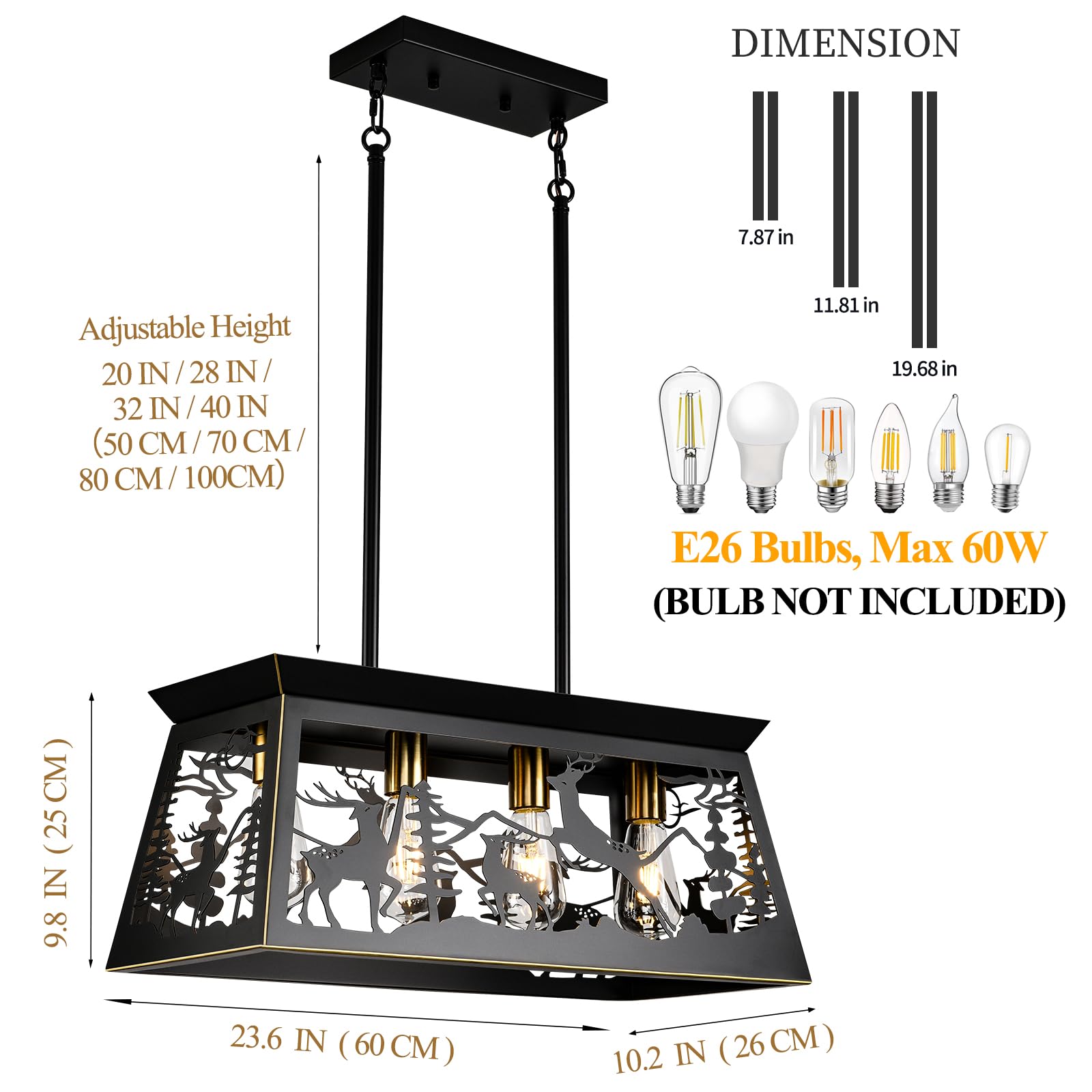 Rustic Black Rectangle Farmhouse Chandelier - 24-Inch 4-Light Deer Design Pendant Lighting for Dining Room, Kitchen Island & Table - Perfect for Country Homes, Cabin Decor & Farmhouse Style Interiors
