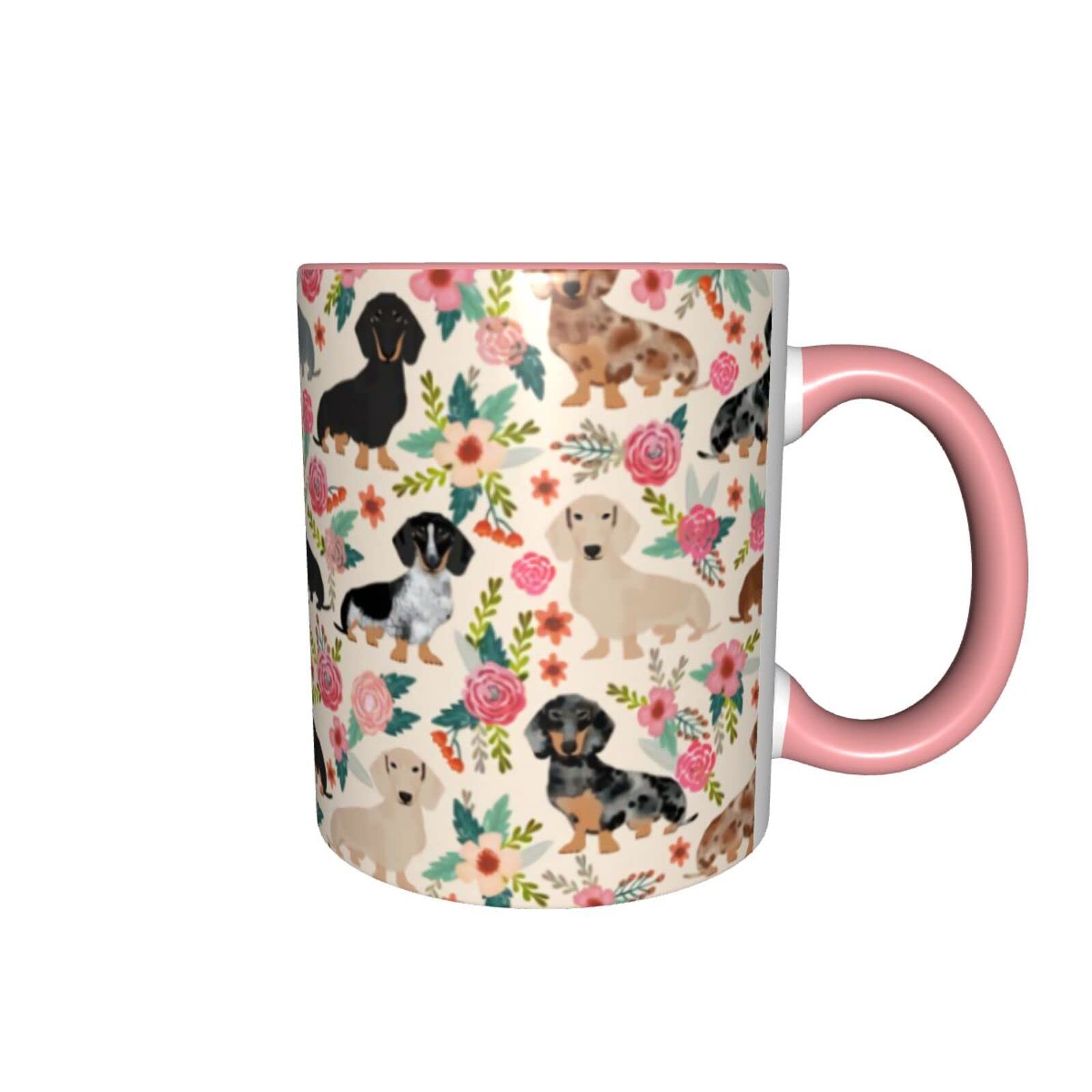 Funny Novelty Ceramic Coffee Mug with Cute Pink Dachshund Sausage Dog & Flowers Design - Microwave & Dishwasher Safe - Perfect for Gifts, Office Use & Coffee Lovers