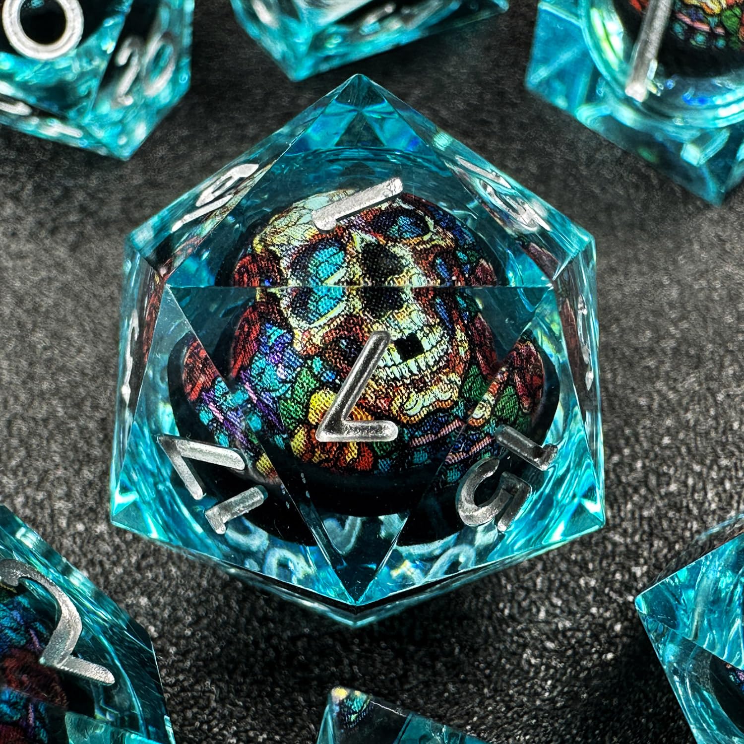 HAOMEJA Skull & Skeleton D&D Dice Set - 7-Piece Resin RPG Dice with Sharp Edges & Dragon Eye Gift Bag for Dungeons and Dragons, Pathfinder, Tabletop Roleplaying Games - Perfect for Gifts, Game Nights & Fantasy Adventures (Skull A & Blue)