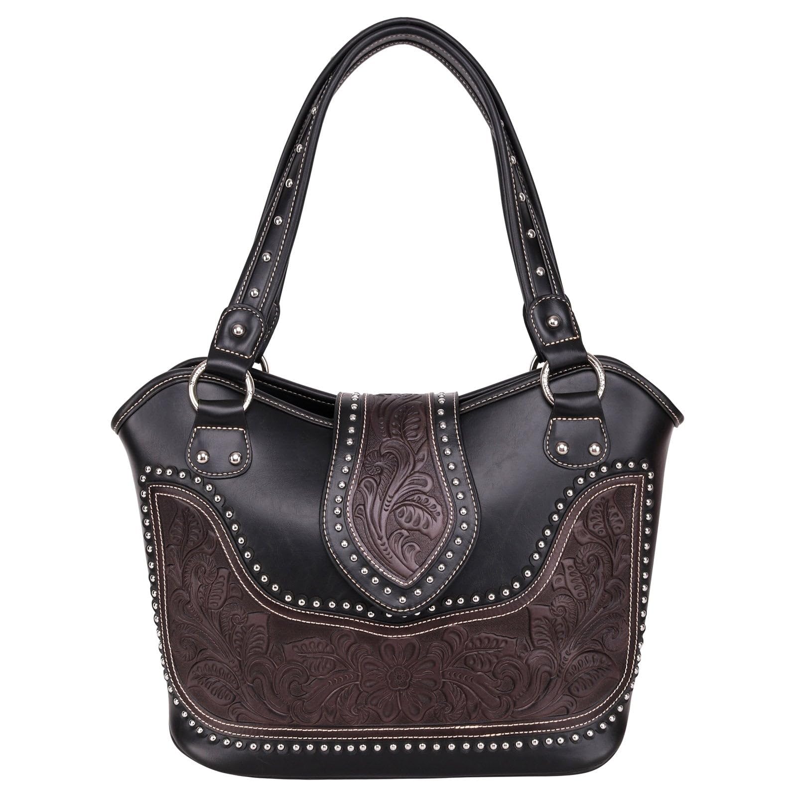 Montana West Concealed Carry Tooled Leather Shoulder Purse - Gun Concealment Bag with Matching Wallet for Women & Men (Black) | Perfect for Everyday Carry, Travel, and Outdoor Activities