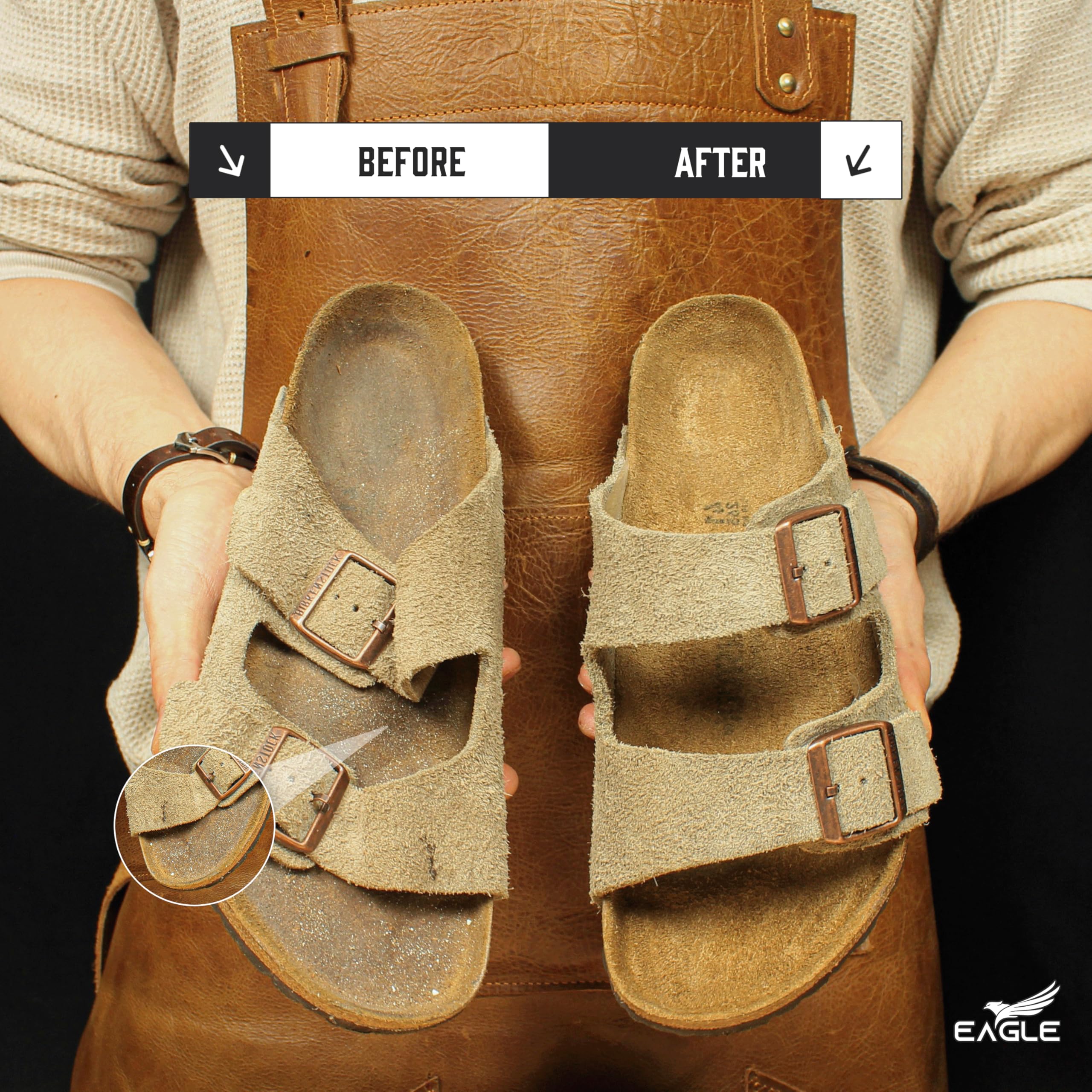 **Eagle Sandal & Clog Complete Care Kit – Compatible with Birkenstocks – Suede & Nubuck Cleaner, Conditioner, Protector, Cork Sealer, 3-Way Brush, Eraser & Microfiber Cloth – Perfect for Sandals, Clogs & Footwear Maintenance**    *(Use for cleaning, conditioning, and protecting suede, nubuck, and cork materials to extend the life of your favorite sandals and clogs.)*