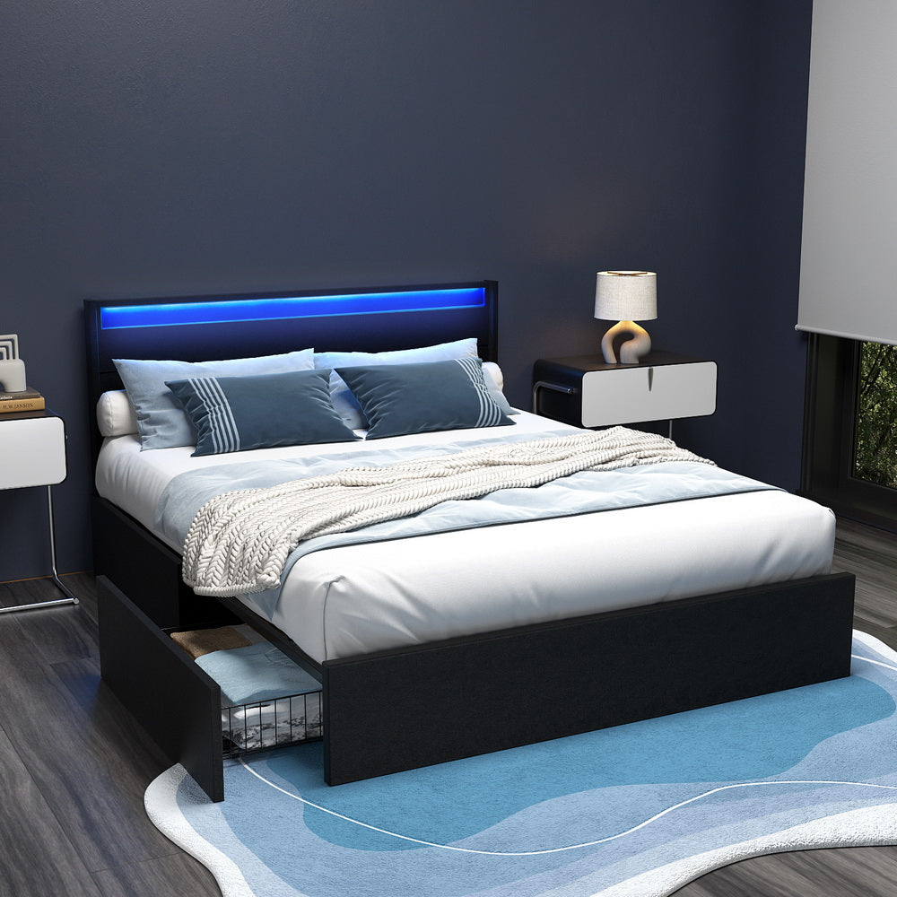 Dunelight LED Queen Size Bed Frame with 4 Storage Drawers - Modern Platform Bed with Underbed Storage & Ambient Lighting, Black - Perfect for Small Bedrooms, Guest Rooms & Dormitories