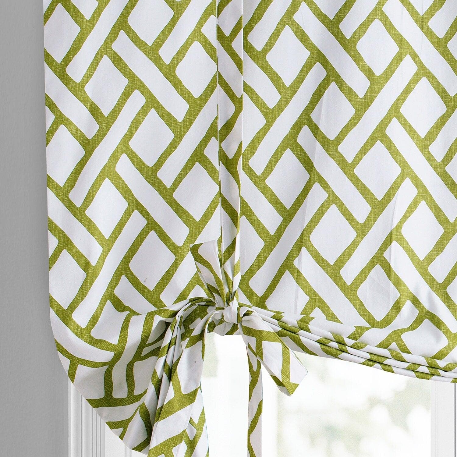 Garden Path Moss Green Geometric Printed Cotton Room Darkening Tie Up Window Shade - Stylish Window Treatment for Living Room, Bedroom & Nursery