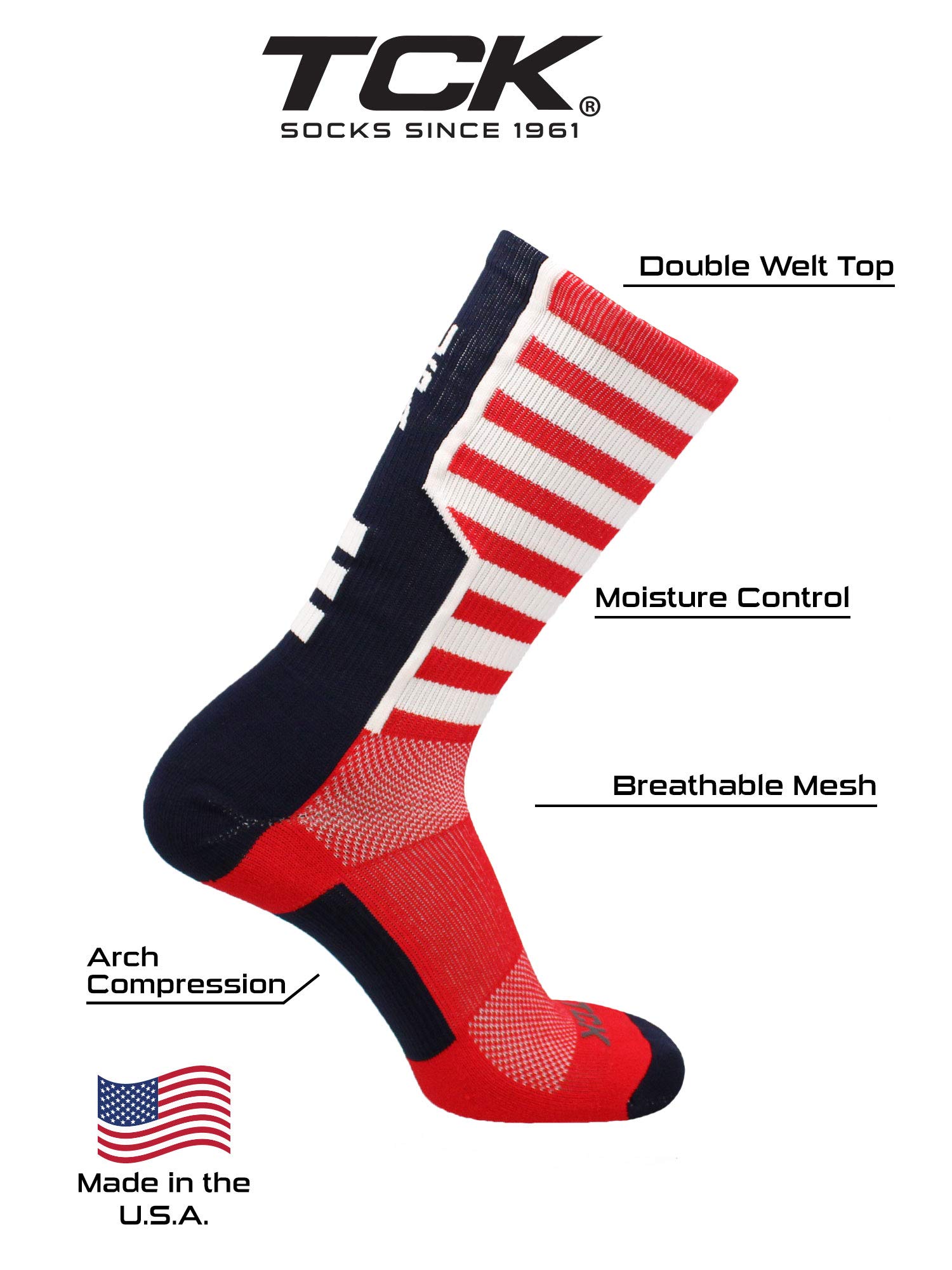TCK USA Patriotic American Flag Socks - Crew Length Cotton Socks for Men & Women - Perfect for 4th of July, Veterans Day & Patriotic Events