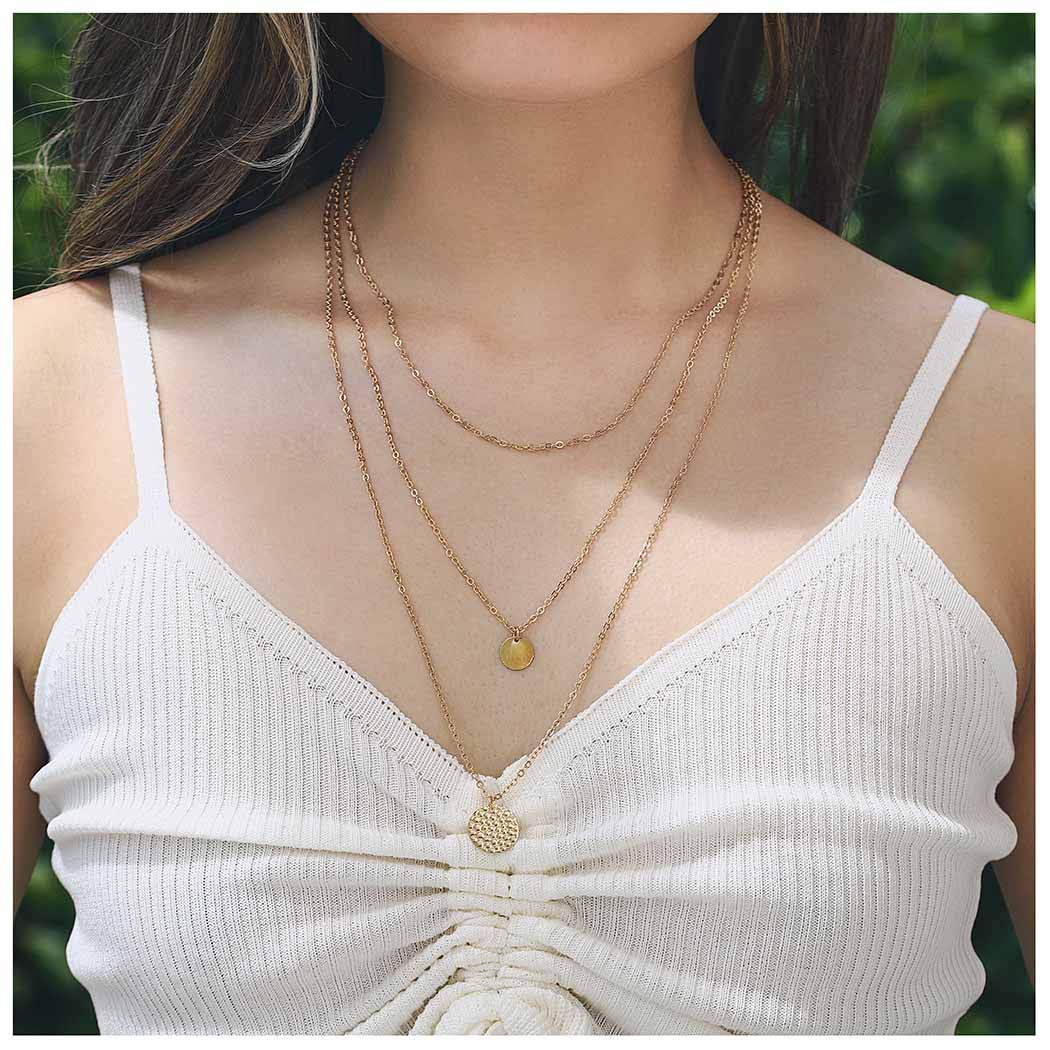 Boho Layered Necklace with Gold Sequins Pendant - Multilayered Statement Jewelry for Women and Girls | Perfect for Beach Parties, Prom, Festivals & Everyday Wear