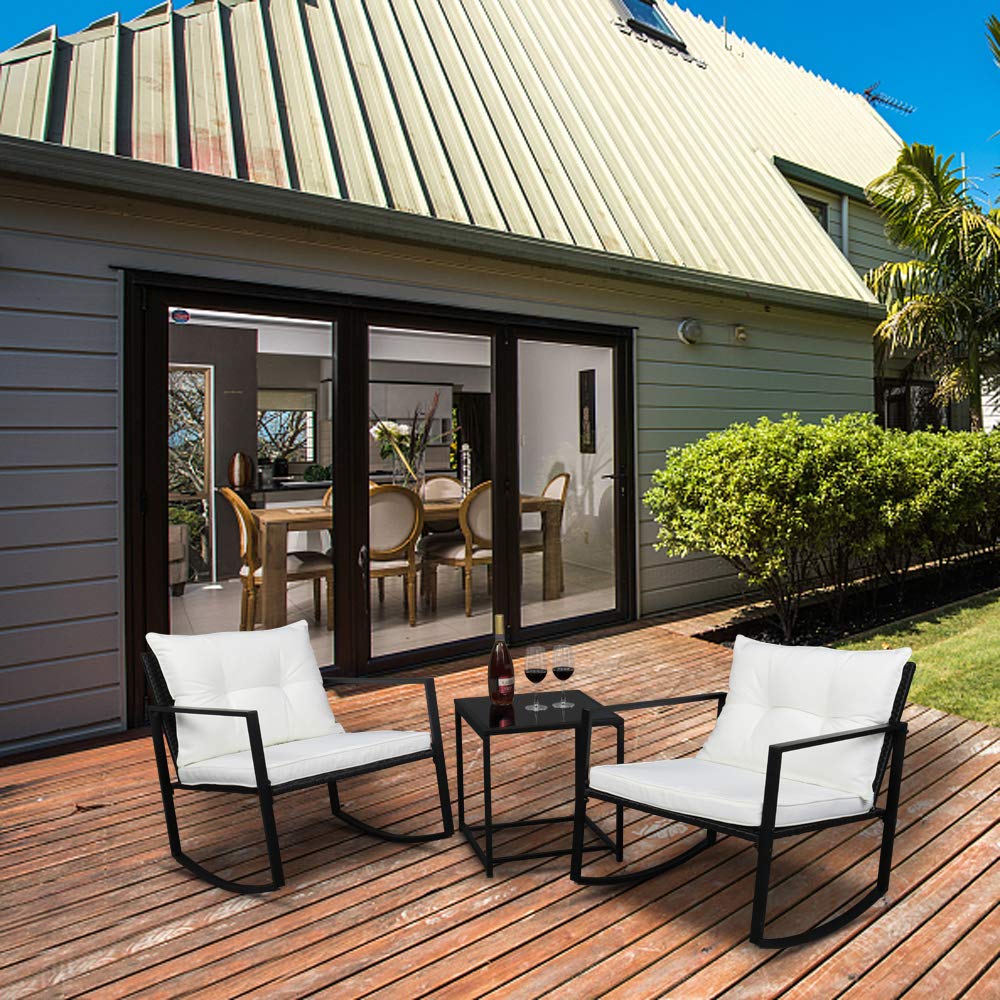 Modern 2-Piece Coffee Table & Rocking Chair Set - Black Rattan Bistro Furniture for Patio, Garden, or Living Room Conversation Area