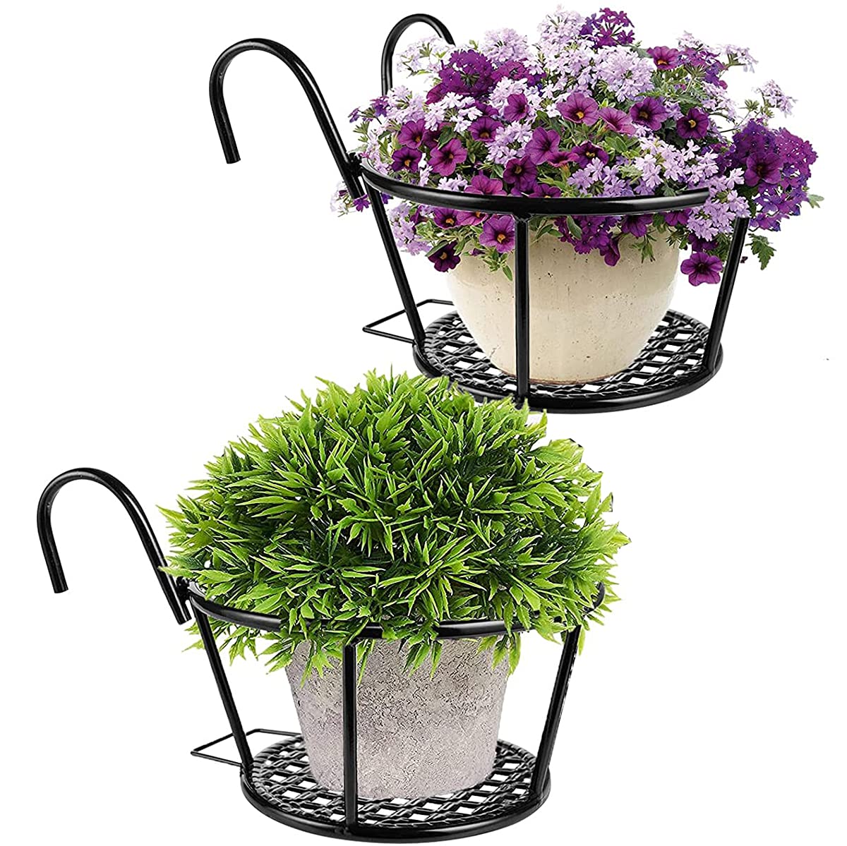 Iron Art Hanging Flower Pot Holder - 2 Pack Metal Railing Planters for Balcony, Fence, Porch | Rust-Resistant Outdoor Hanging Baskets for Flowers & Plants | Perfect for Patio Decor & Garden Landscaping