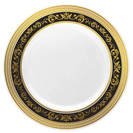 Elegant Black and Gold Round Plastic Plates - Royal Collection for Parties, Weddings & Special Events | Durable & Stylish Disposable Dinnerware