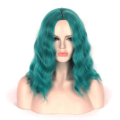 Short Wavy Bob Wigs for Women - Heat Resistant Synthetic Shoulder Length Curly Hair with Middle Part | Dark Turquoise Cosplay Wig for Girls & Costume Parties | Perfect for Halloween, Cosplay, and Themed Events