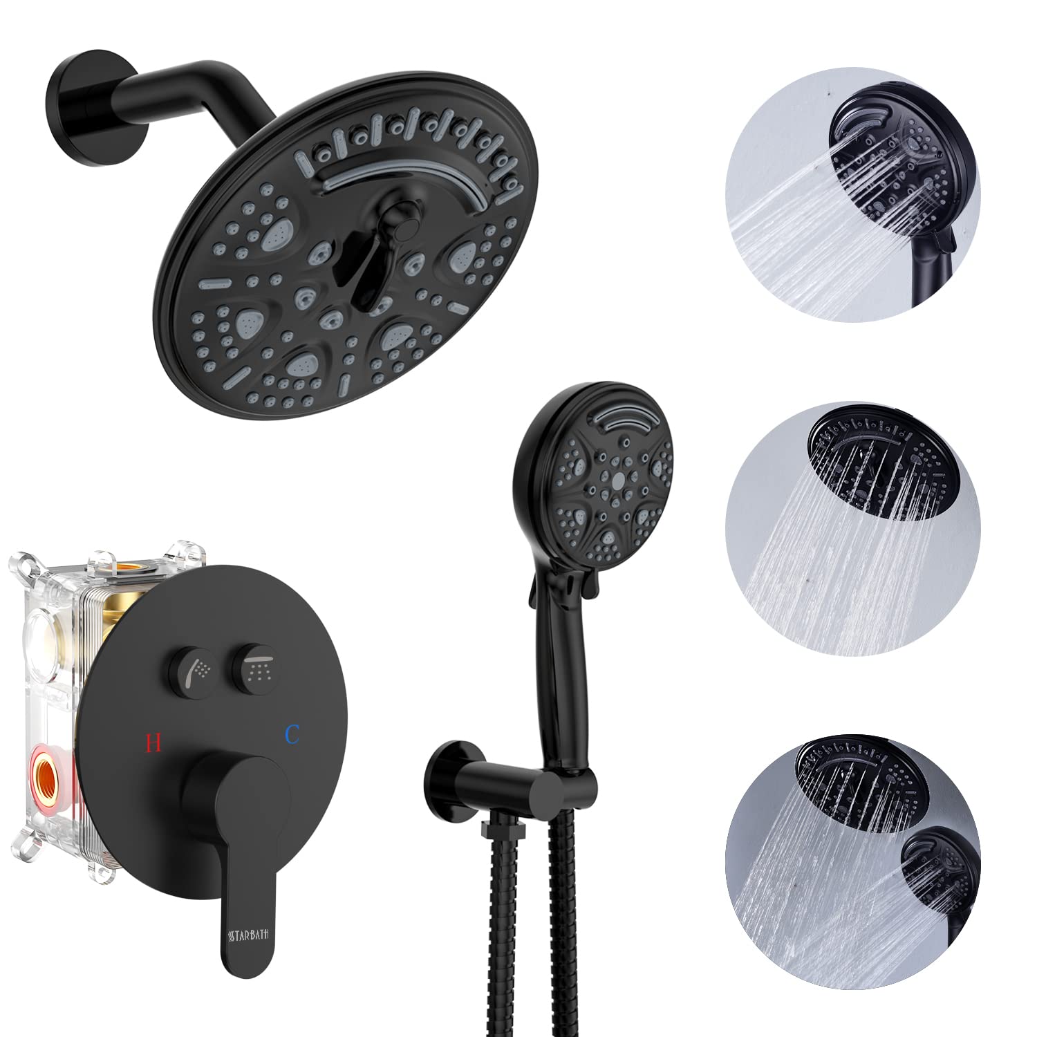 STARBATH Black Shower System - 6-Setting Rainfall Shower Head & 9-Setting Handheld Shower Combo with Wall Mounted Pressure Balance Valve - Perfect for Bathroom Renovation & Spa-Like Shower Experience