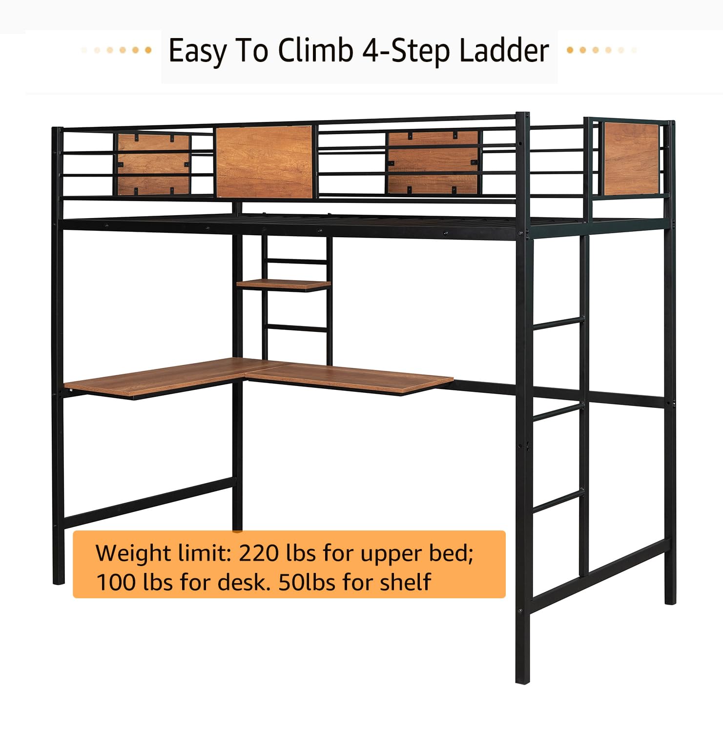 **Metal Loft Bed Frame with Desk & Storage - Twin Size Space-Saving Bed for Kids, Teens & Adults - Sturdy Guardrail & Ladder Included - No Box Spring Needed (Black) - Perfect for Small Rooms, Dorms & Apartments**