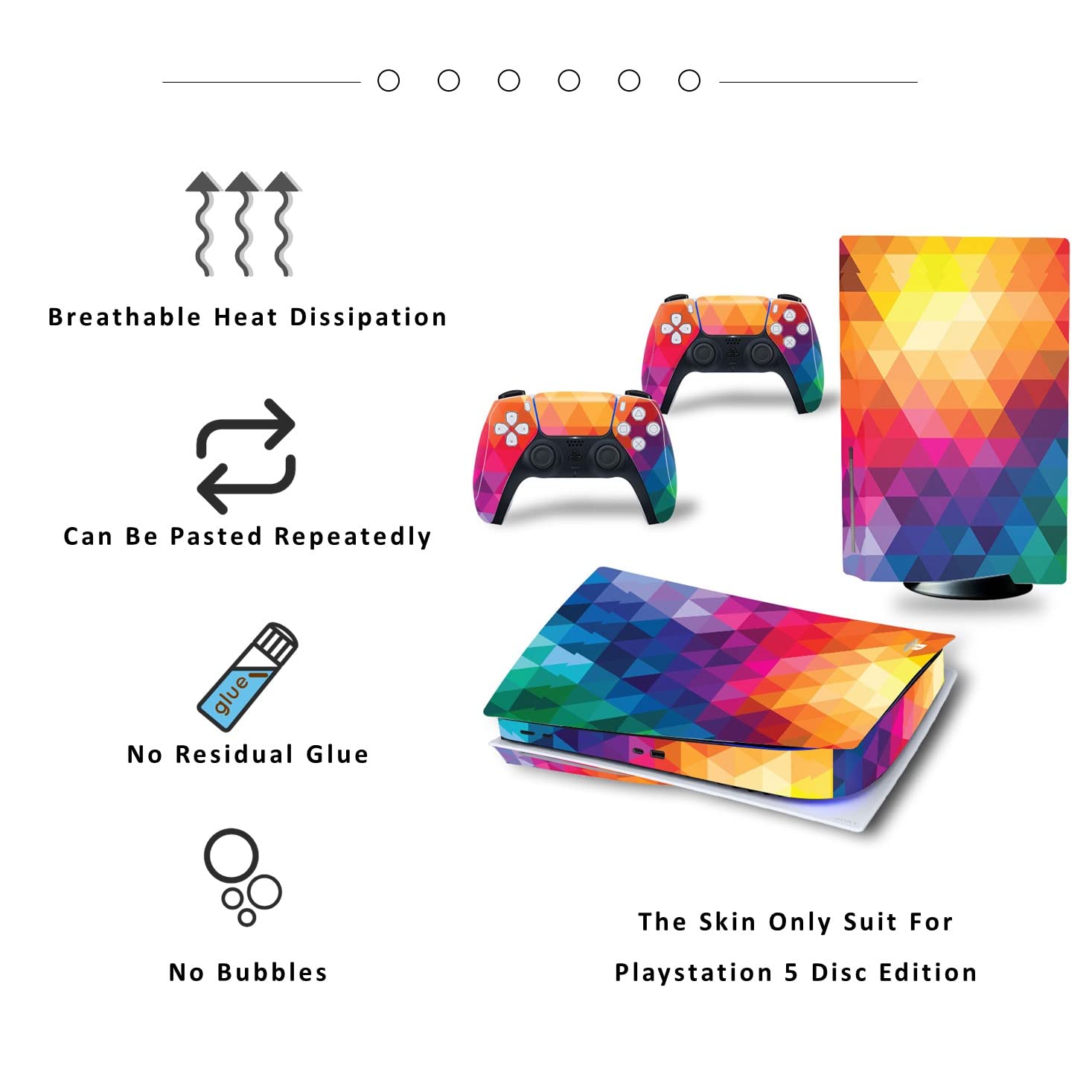 PS5 Disc Edition Console & Controller Vinyl Skin Wrap - Rainbow Protective Decal Sticker Cover for Playstation 5 | Gaming Setup Customization & Console Protection Accessories