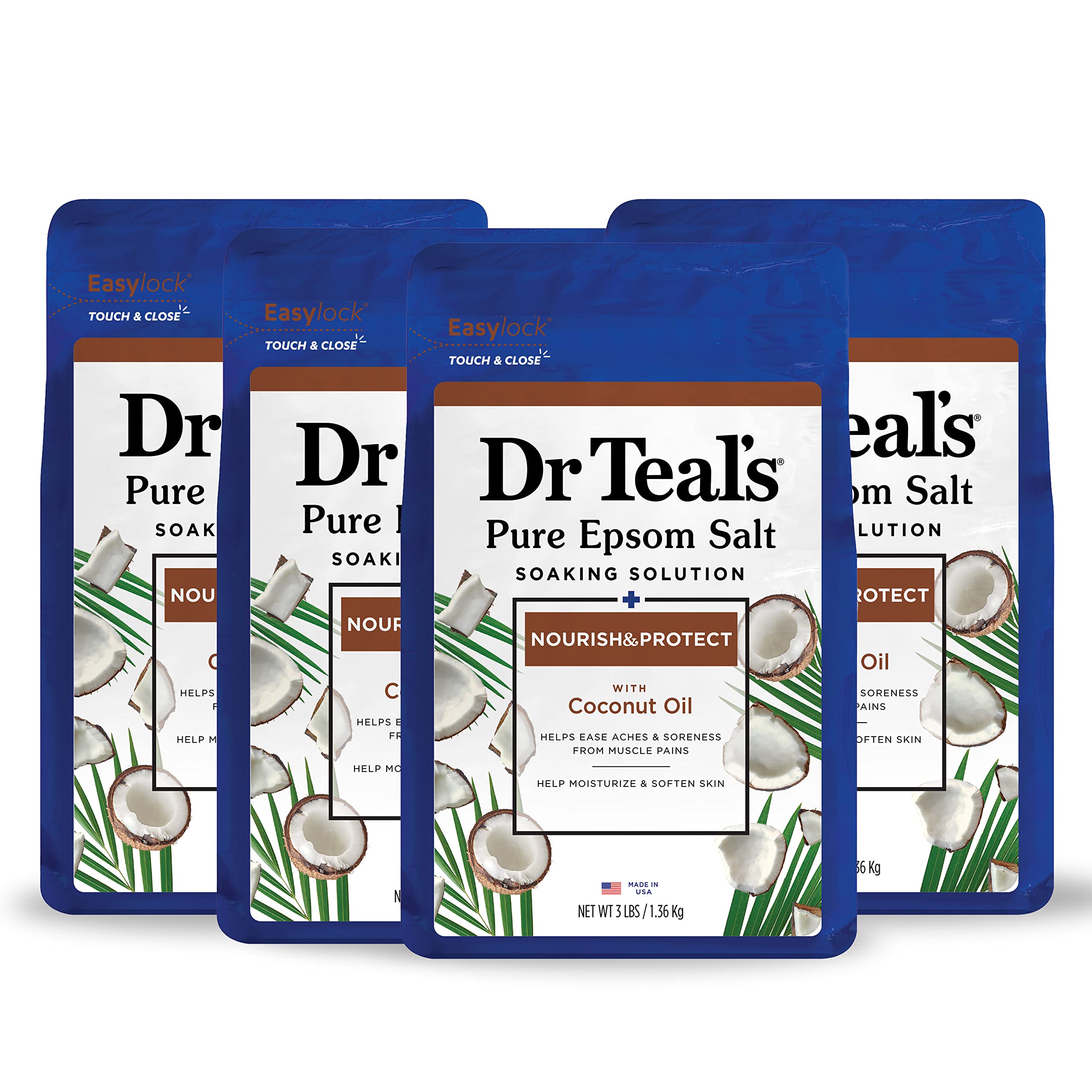Dr Teal's Pure Epsom Magnesium Salt Soak with Coconut Oil - 3 lbs (Pack of 4) for Muscle Relaxation, Stress Relief & Skin Nourishment | Perfect for Bath Time, Post-Workout Recovery & Self-Care Routine