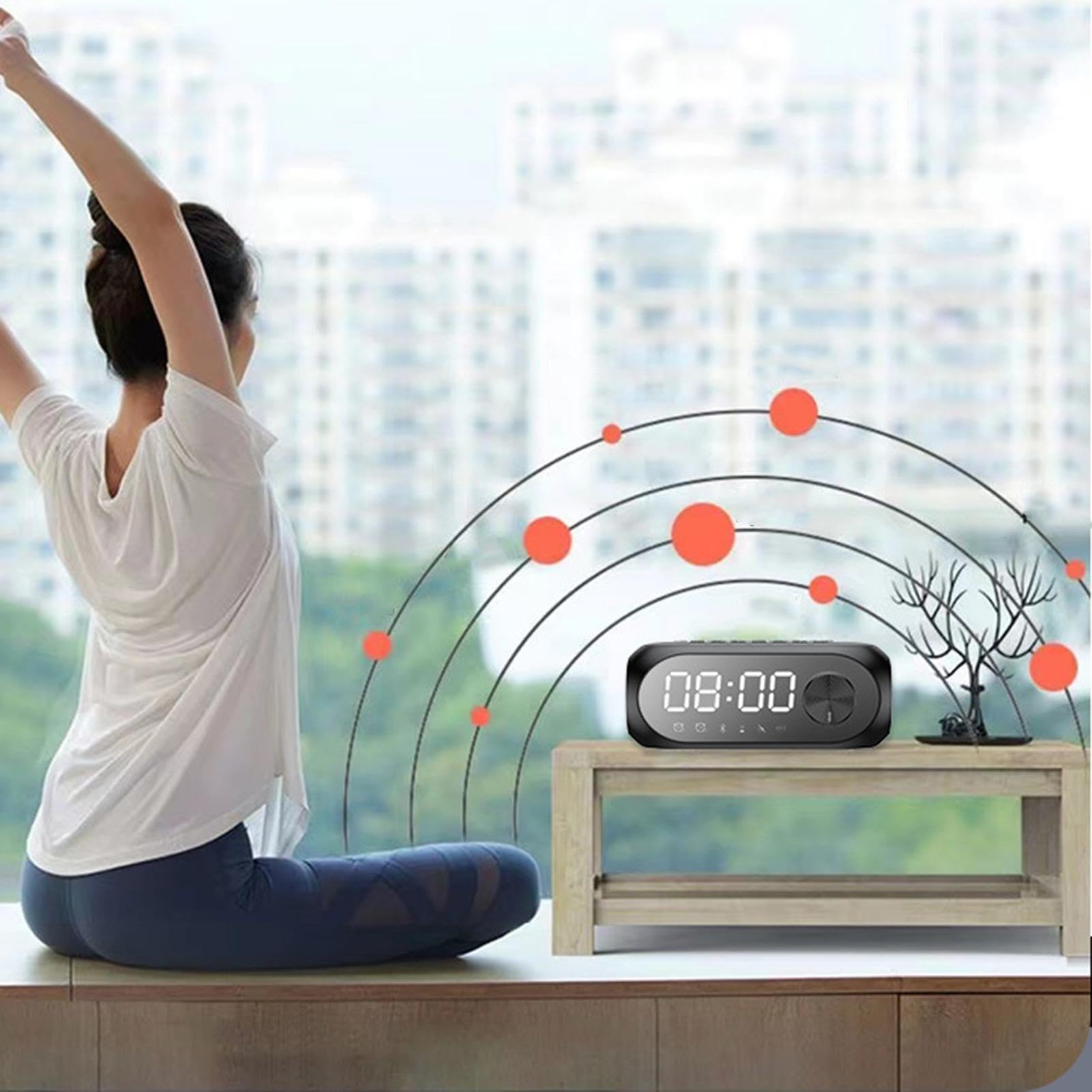 Wireless Speaker Alarm Clock with Sleep Timer - USB Rechargeable Digital Clock, LED Display, Snooze Function & White Noise Machine for Bedroom, Office, Travel (Black)