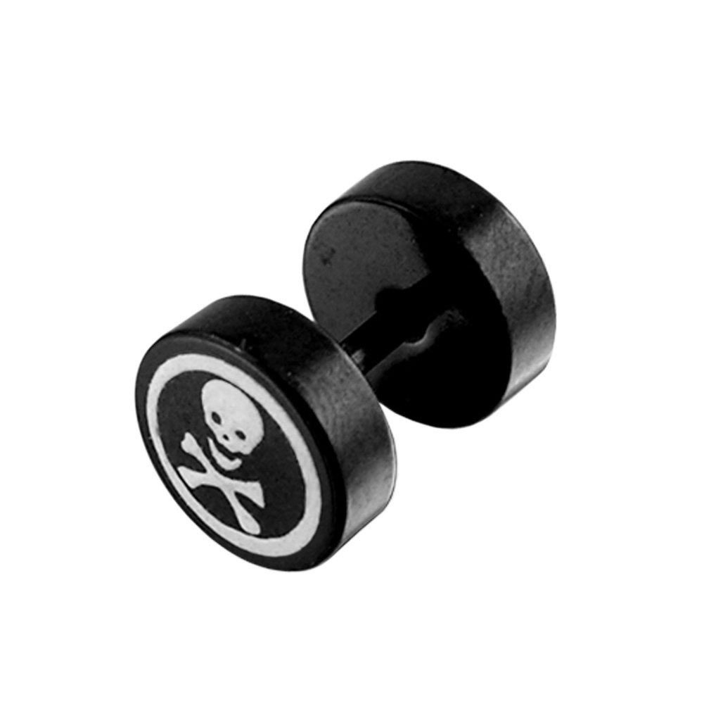 Danger Skull Embossed Laser Cut Black 316L Surgical Steel Fake Plug Earrings - Gothic Punk Body Jewelry for Men & Women - Perfect for Halloween, Concerts and Alternative Fashion