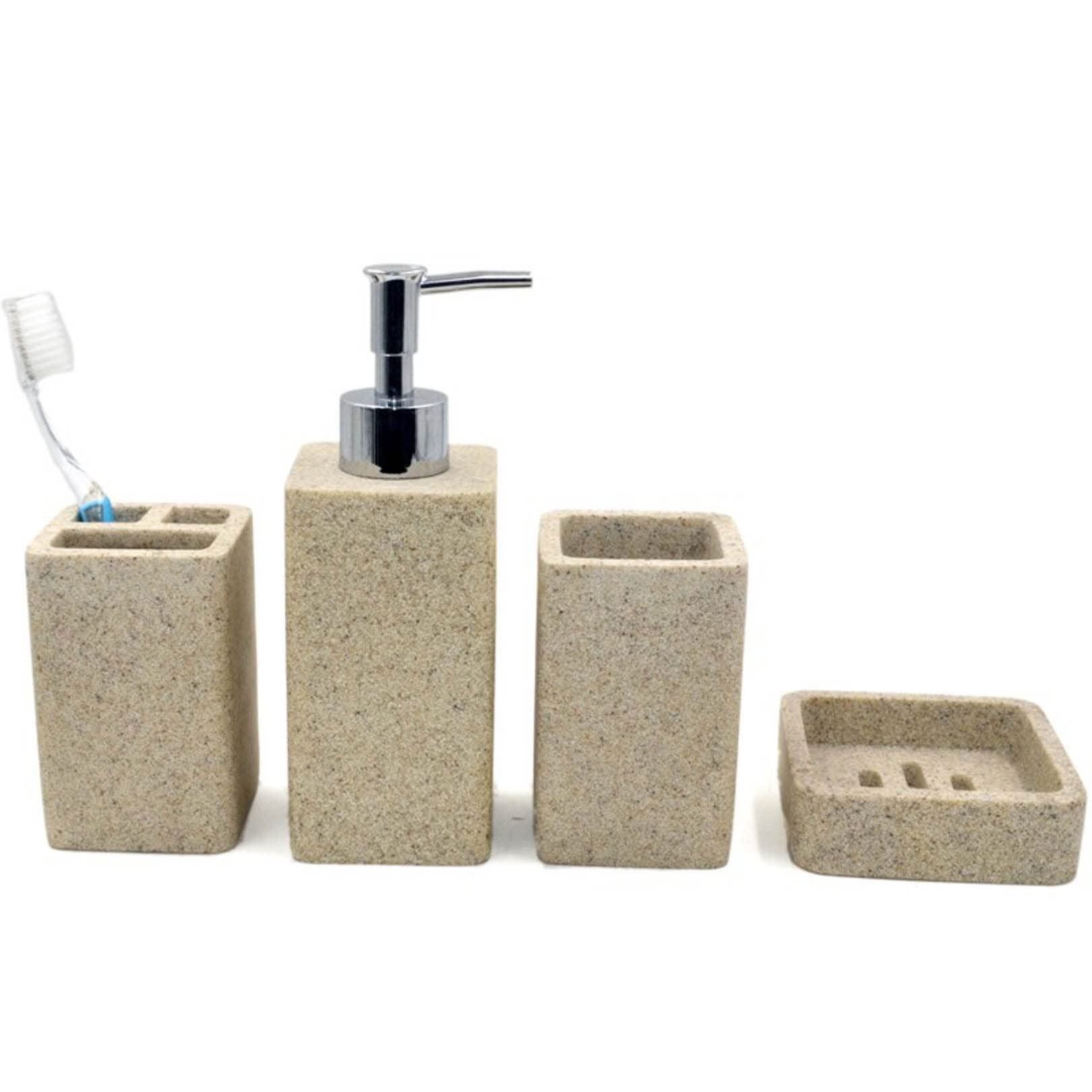 Luxury Beige Resin Bathroom Set - Soap Dispenser, Toothbrush Holder, Cup & Dish for Home Decor