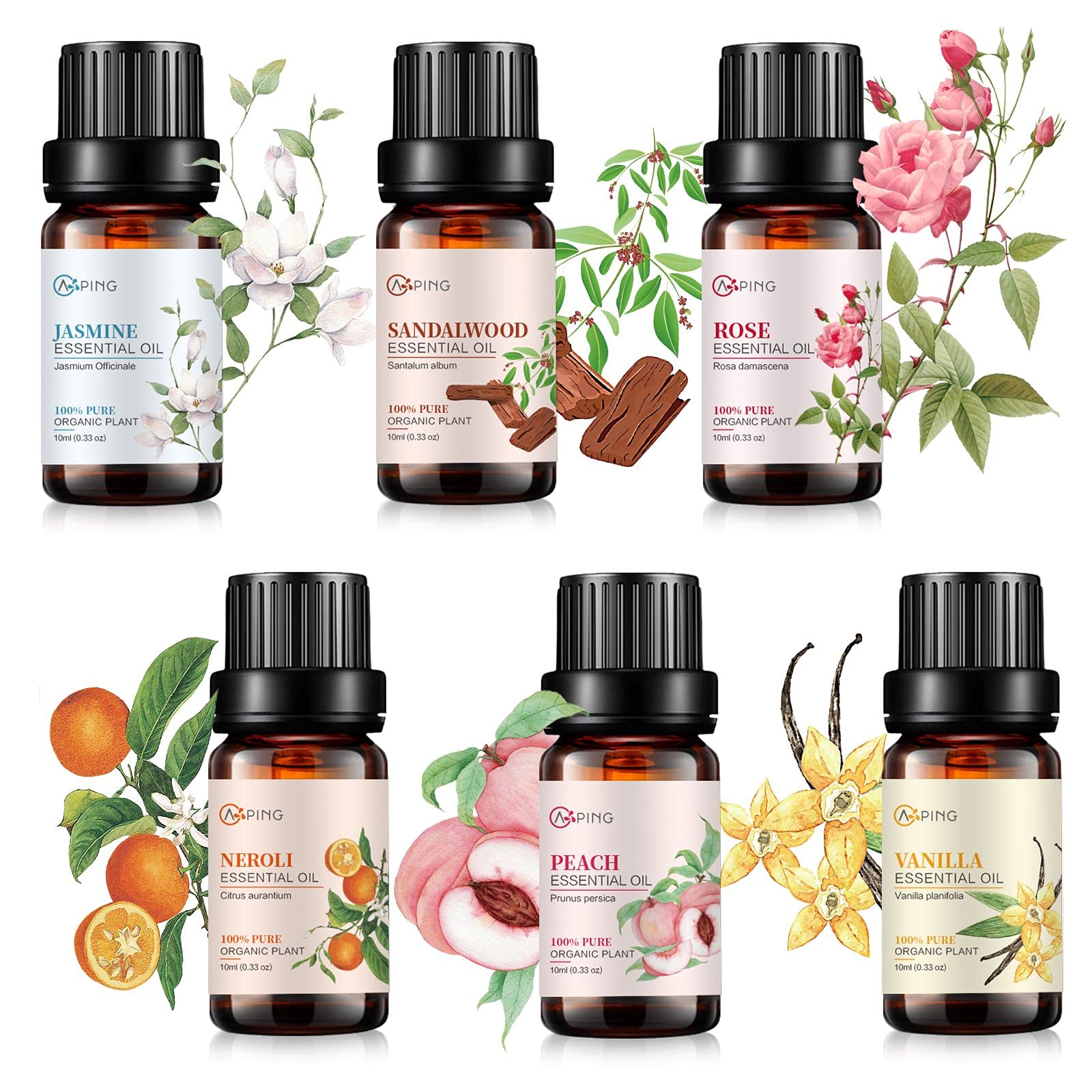 6x10ML Essential Oil Set - 100% Pure Organic Aromatherapy Oils for Diffuser, Massage, Spa, Yoga & Perfume (Rose, Jasmine, Sandalwood, Vanilla, Neroli, Peach) - Relaxation, Stress Relief & Home Fragrance