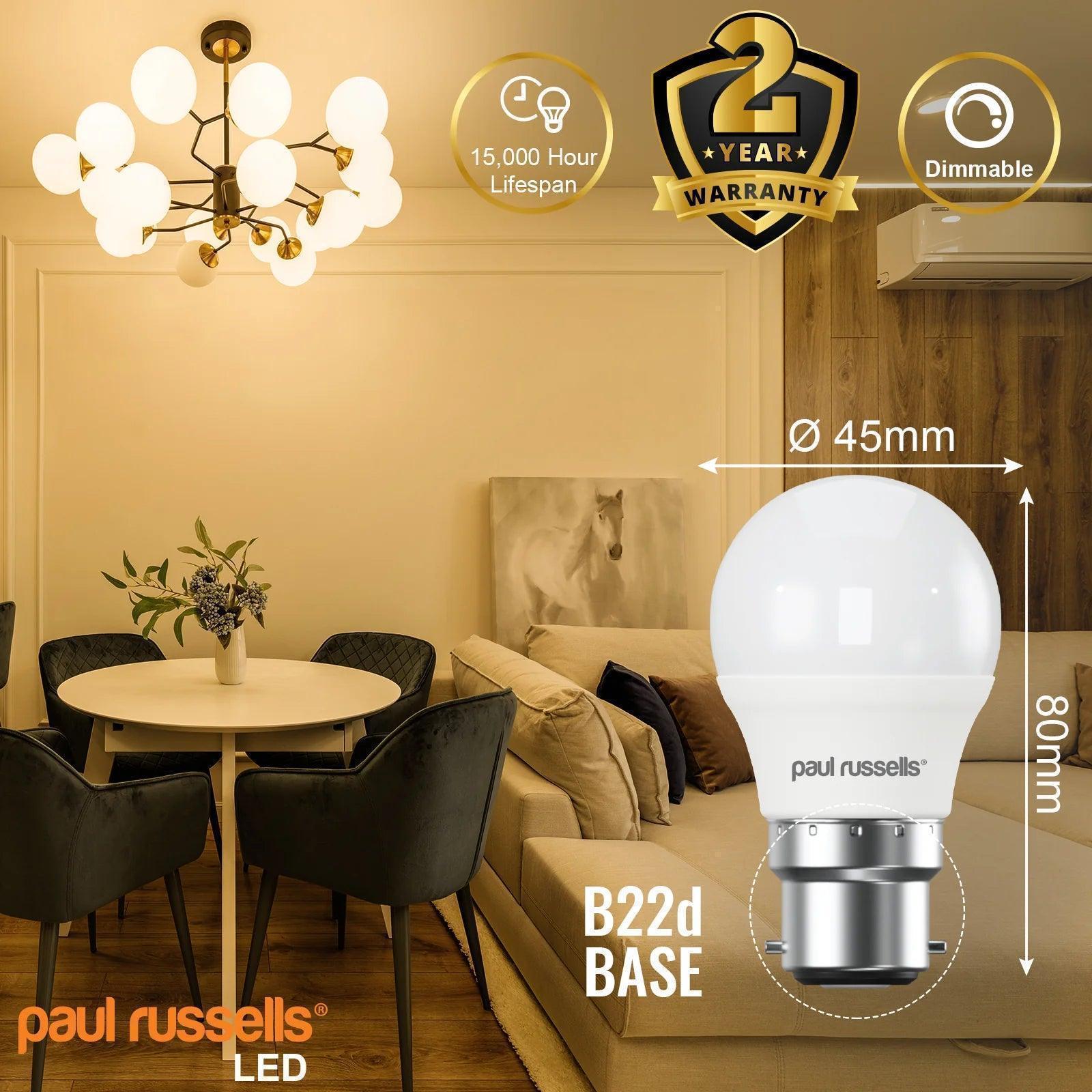 2 Pack LED Dimmable B22 Bayonet Light Bulbs - 5.5W (40W Equivalent) Warm White 2700K - Energy Saving Golf Ball Bulbs for Home, Bedroom, Living Room & Office Lighting