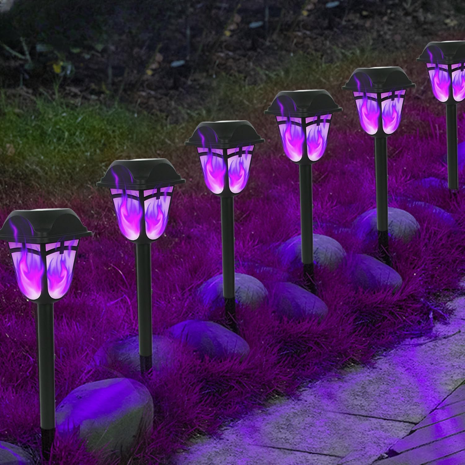 Dynaming Solar Purple Flame Torch Lights - 9 Pack Outdoor Halloween Pathway Lights with Flickering Flame Effect | Solar Powered Auto On/Off Garden & Lawn Decor | Perfect for Halloween Yard, Patio, Walkway & Pathway Lighting
