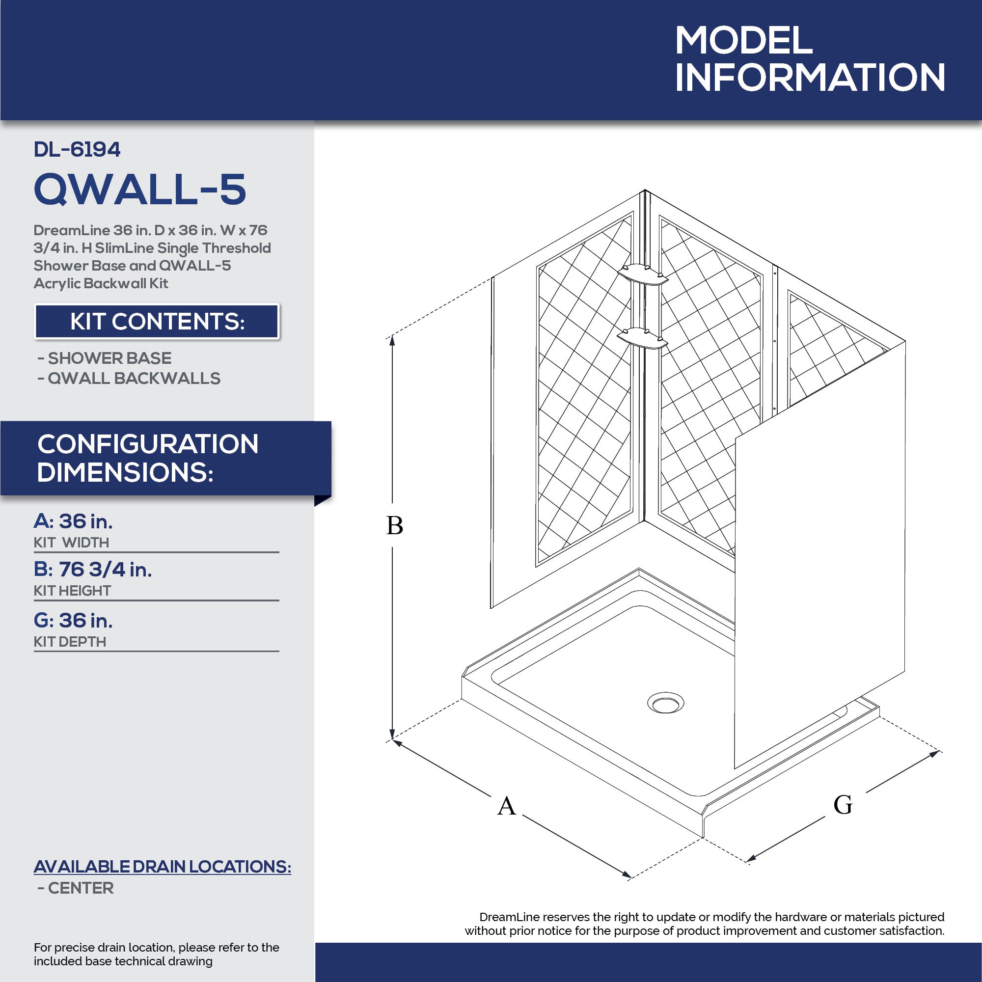 DreamLine 36x36x76.75 Inch SlimLine Single Threshold Shower Base with QWALL 5 Acrylic Backwall Kit - Space Saving Shower Enclosure for Small Bathrooms & Modern Homes