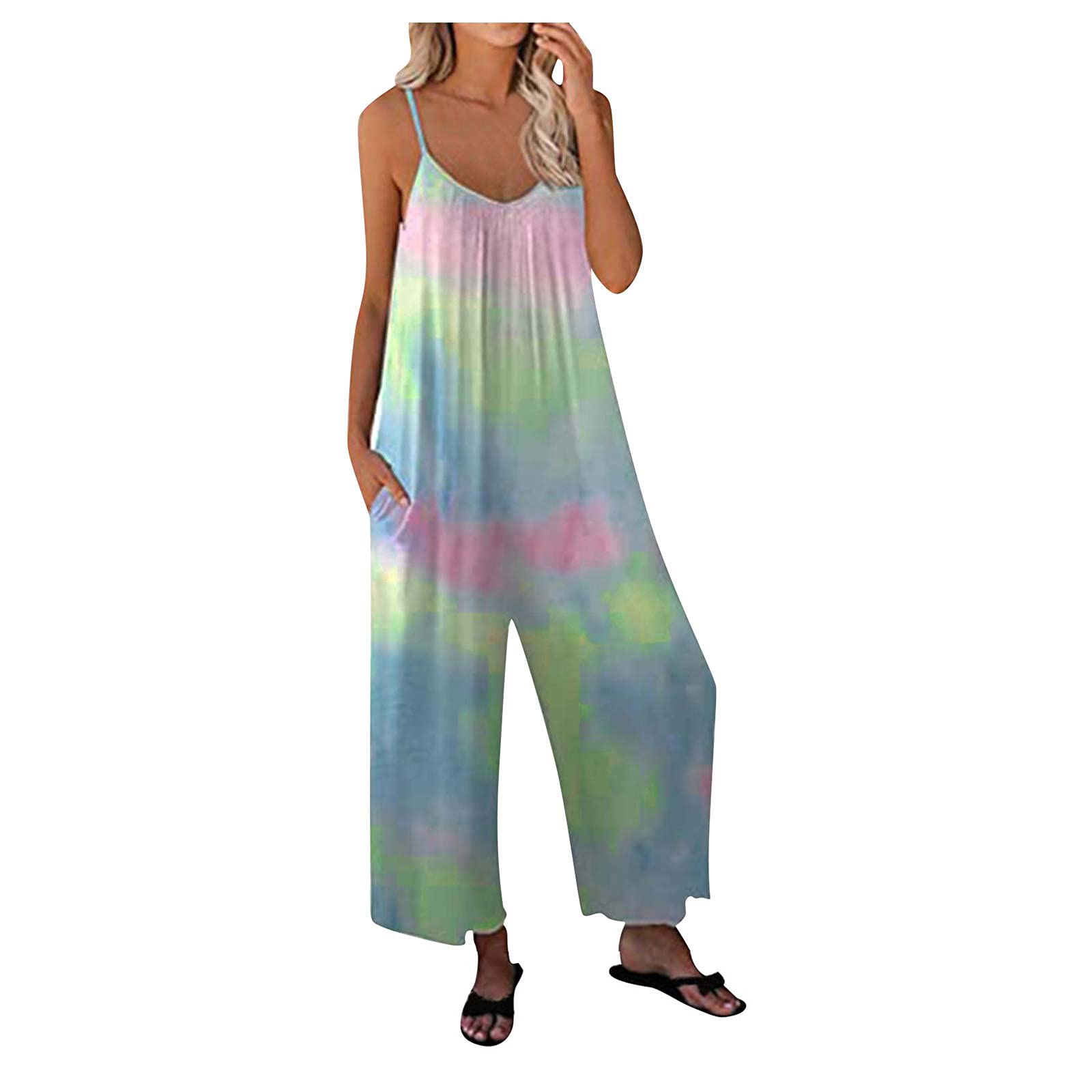 Ikevan Women's Print Halter Loose Casual Tie-Dye Jumpsuit with Suspenders - Stylish Vest Pants Outfit for Summer (Blue, XL) | Perfect for Beach Vacation, Music Festival & Boho Fashion