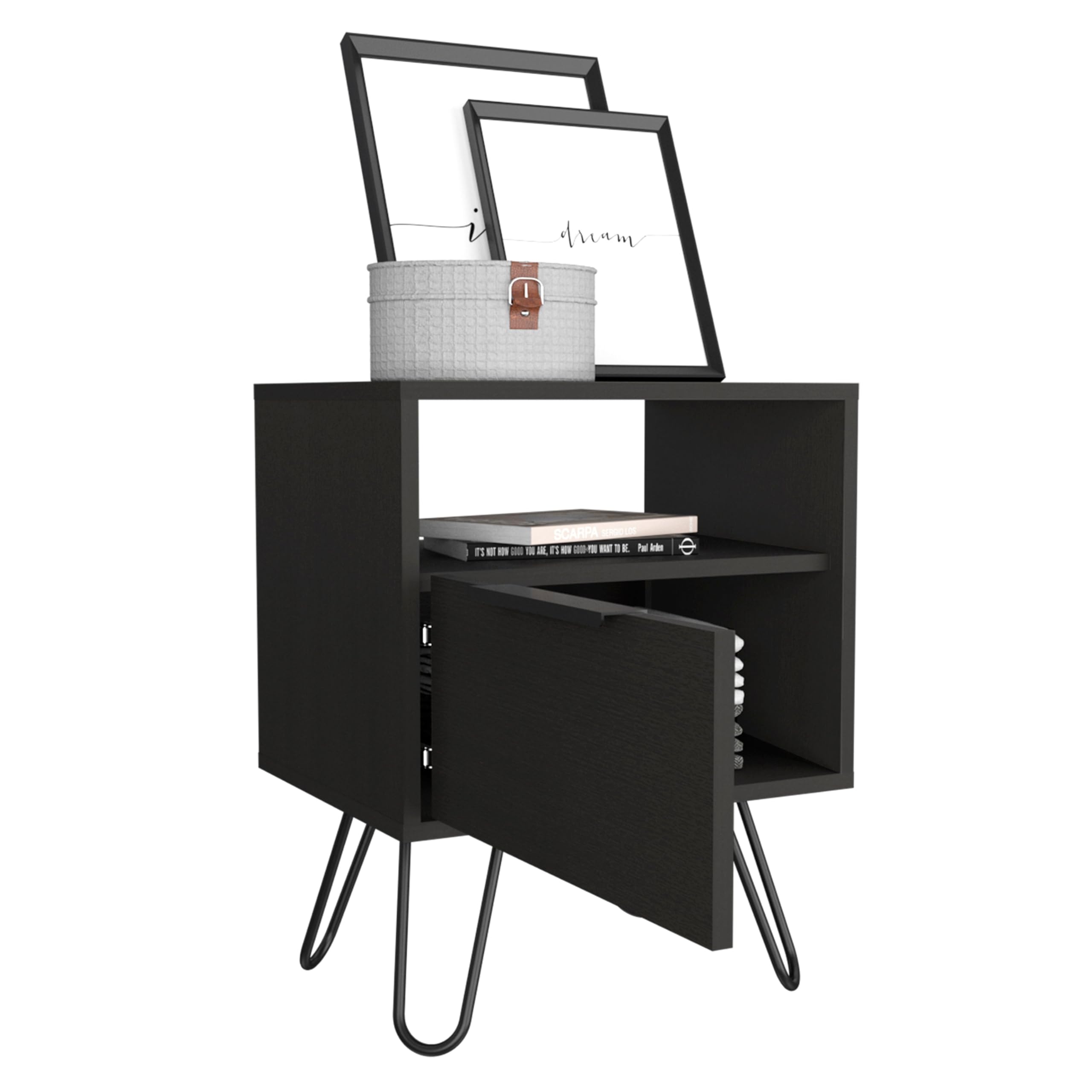 Tuhome Augusta Nightstand with Single Door Cabinet and Hairpin Legs - Black | Modern Bedside Table for Bedroom, Living Room, or Office Storage