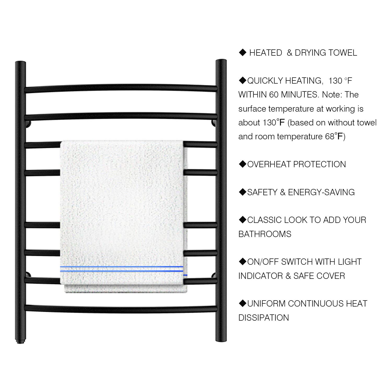 Heated Towel Warmer - 8 Bar Plug-in Bath Towel Heater & Drying Rack for Bathroom | Matte Black | Warm Towels for Spa, Hotel & Home Luxury