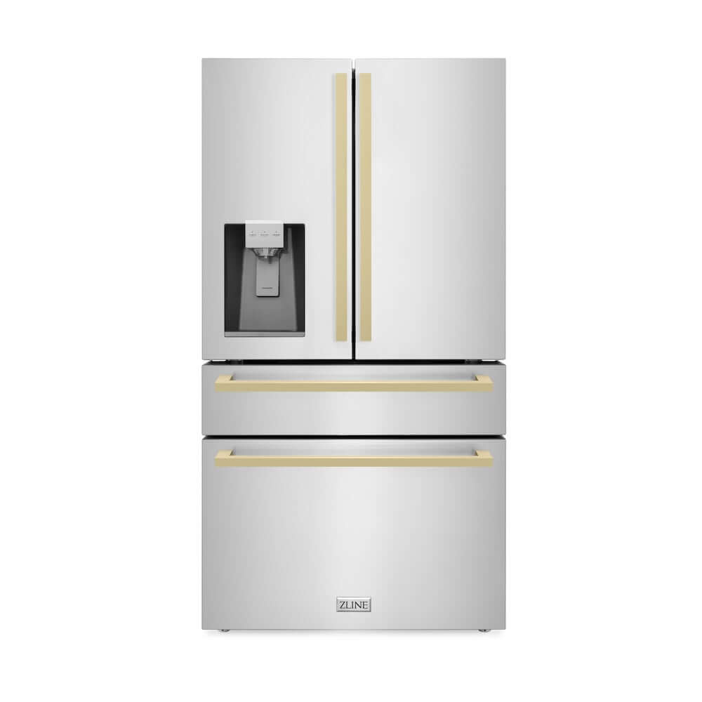 ZLINE Autograph Edition 36 Inch Counter Depth French Door Refrigerator - 21.6 cu.ft Capacity, Fingerprint Resistant Stainless Steel with Champagne Bronze Handles, Built-in Water and Ice Dispenser - Perfect for Modern Kitchens, Open Concept Homes & Entertaining Guests (RFMZ W 36 FCB)