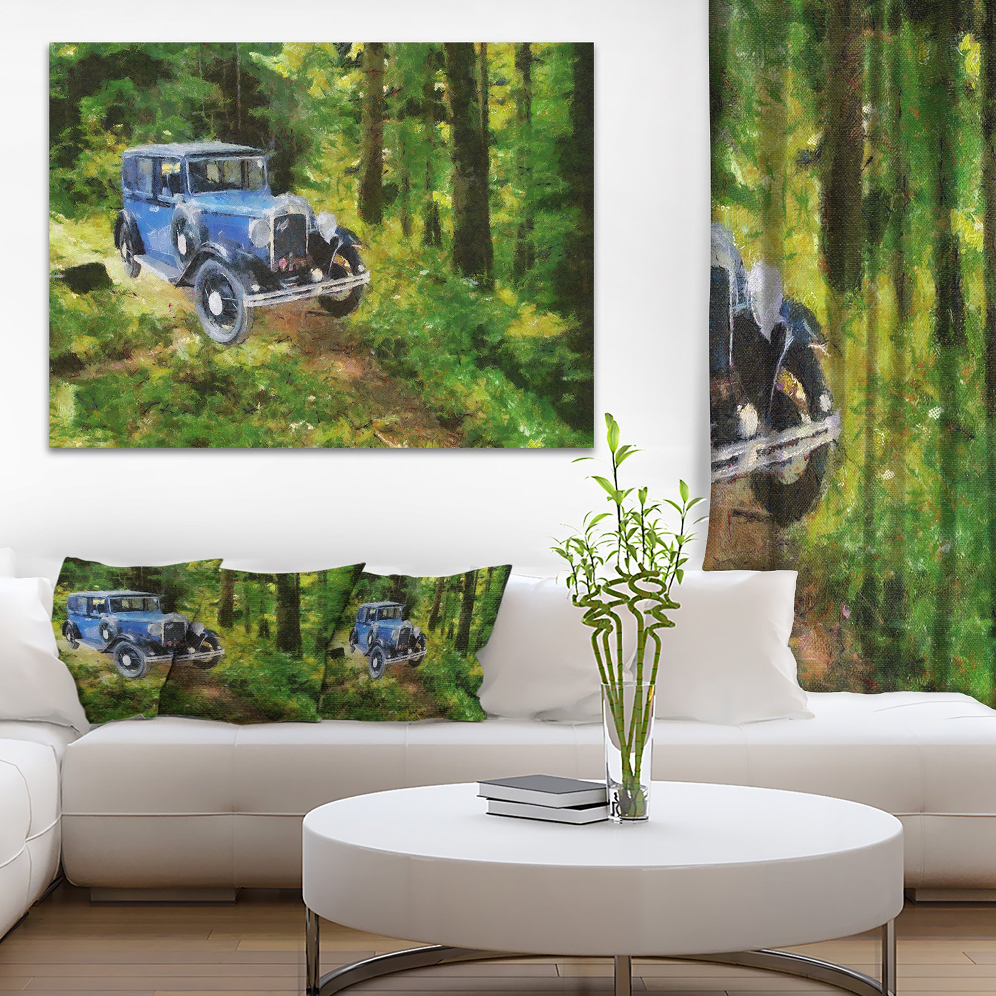 Vintage Blue Car Oil Painting - Classic Automobile Canvas Art Print for Home & Office Wall Decor