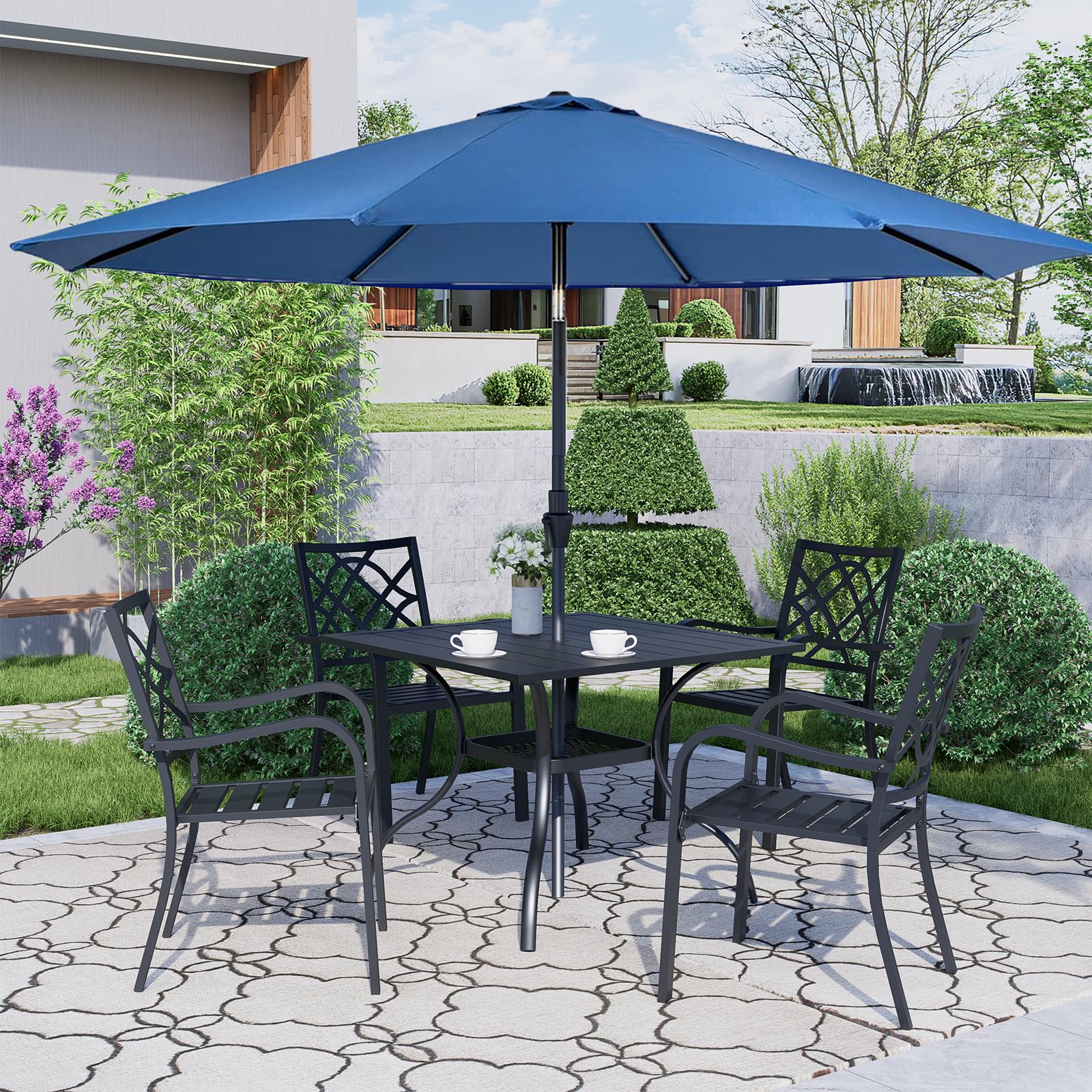 Oakcloud 7-Piece Outdoor Dining Set with Dark Blue Umbrella - Metal Patio Furniture with 6 Stackable Chairs & Rectangle Table (Umbrella Hole Included) - Perfect for Backyard BBQs, Poolside Gatherings & Garden Entertaining