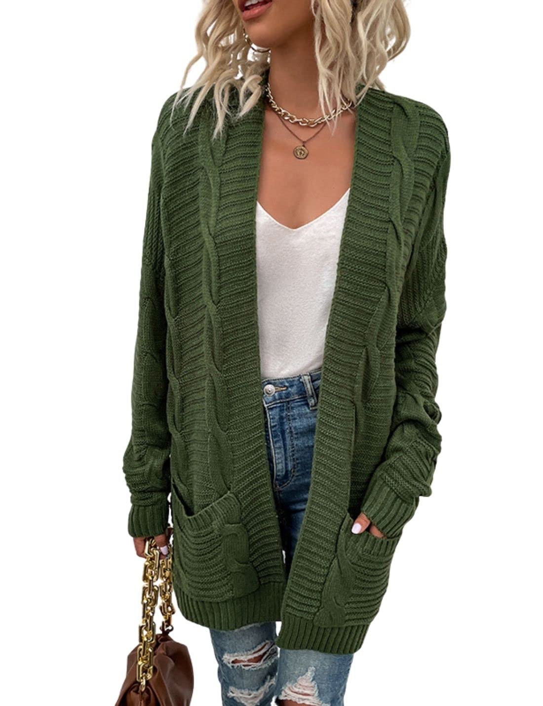Kinkia Women's Open Front Cardigan Sweater - Casual Loose Long Sleeve Cable Knit Sweater with Pockets - Perfect for Office, Lounge & Fall Layering