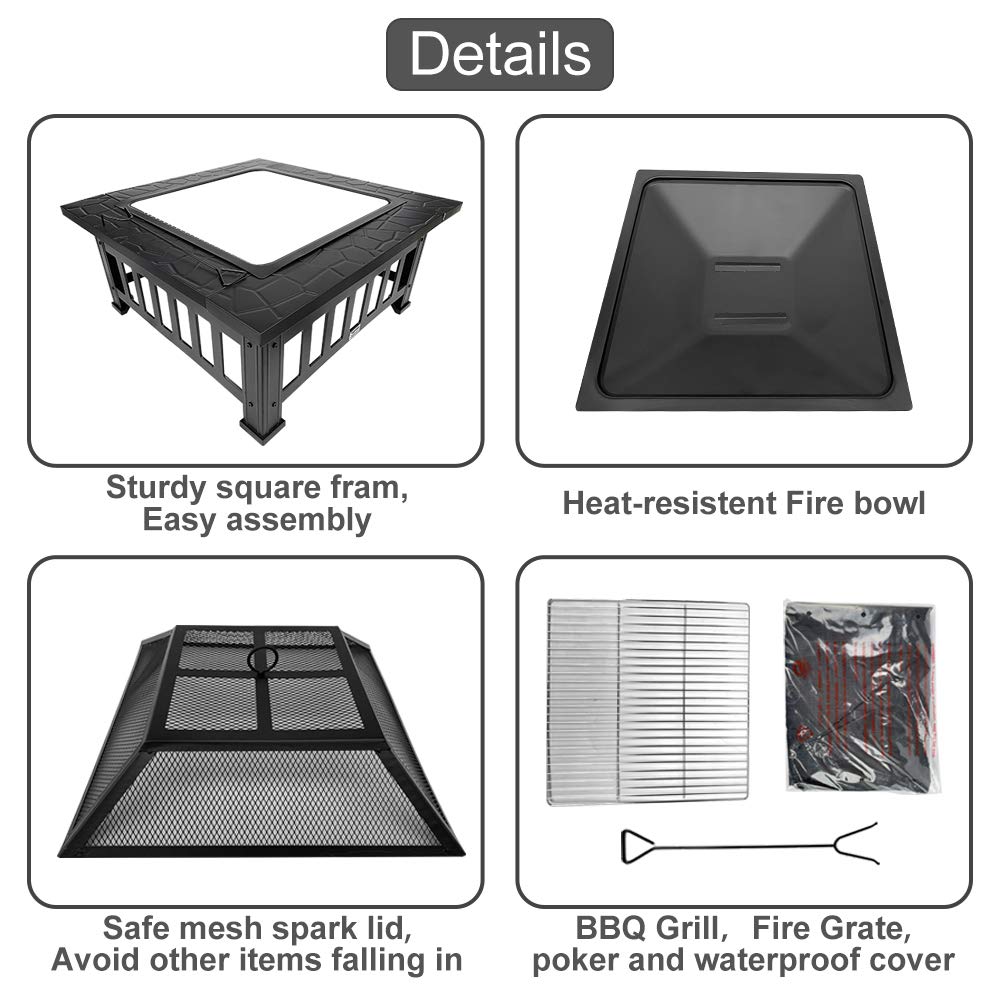 32 Inch Black Square Metal Fire Pit Table - Outdoor Wood Burning Firepit for Patio, Backyard, Camping - Perfect for Family Gatherings & Christmas Parties