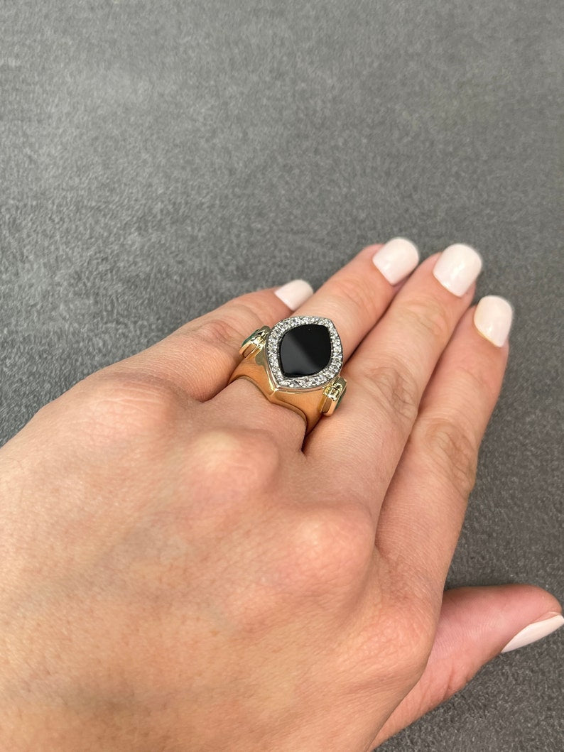 14K Gold Colombian Emerald Marquise Cut Halo Ring with Onyx and Diamonds - Elegant Cocktail Statement Jewelry for Women - Perfect for Evening Parties, Weddings, and Special Occasions