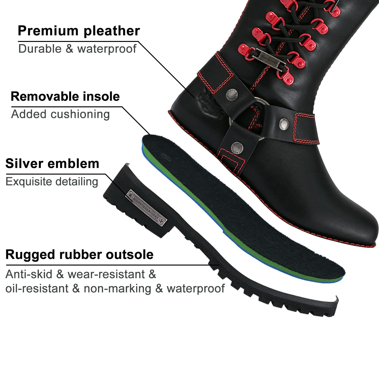 Dream Apparel Women's Motorcycle Riding Boots - Black PU Leather Knee High Biker Boots with Square Toe, Lace Up & Side Zipper | Perfect for Harley Davidson Rides, Bike Shows & Urban Fashion