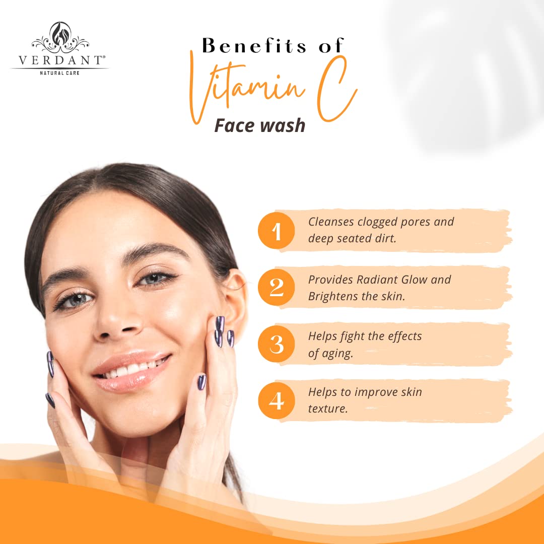 Verdant Natural Care Vitamin C Face Wash 100ml - Brightening & Antioxidant Facial Cleanser for Glowing Skin | Daily Skincare Routine, Morning & Night Use