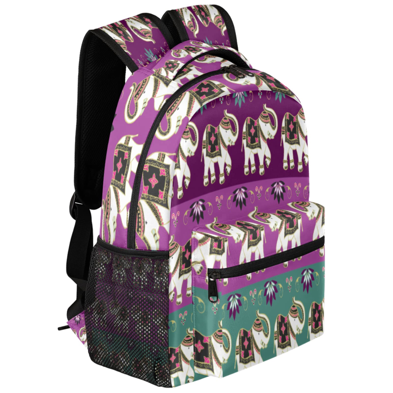 Stylish Tribal Elephant Print Laptop Backpack - Waterproof Durable Canvas Rucksack for School, Travel & Work - Cute Cartoon Elephant Design with Double Mesh Side Pockets - Perfect for Students, Commuters & Outdoor Adventures