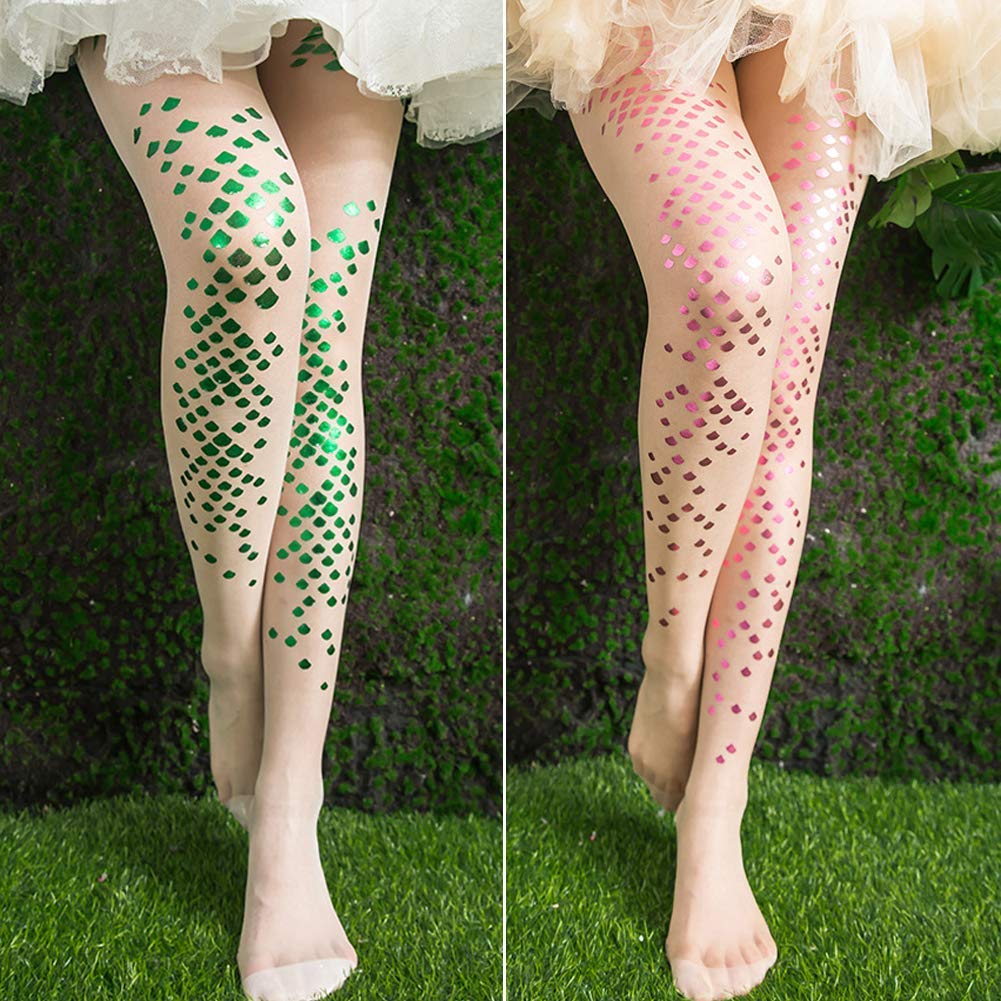 Shiny Gold Bling Mermaid Fish Scale Sheer Pantyhose Stockings for Women - Green, One Size Fits All - Perfect for Cosplay, Halloween, Dance Performances & Party Outfits