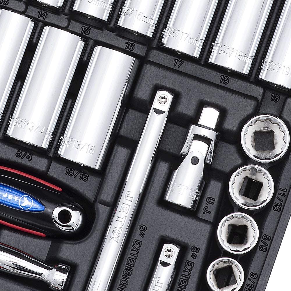 JET 3/8 Inch Drive 45-Piece Socket Wrench Set - SAE & Metric 12-Point Deep & Standard Sockets with Torque Drive - Perfect for Automotive Repair, DIY Projects & Professional Mechanics
